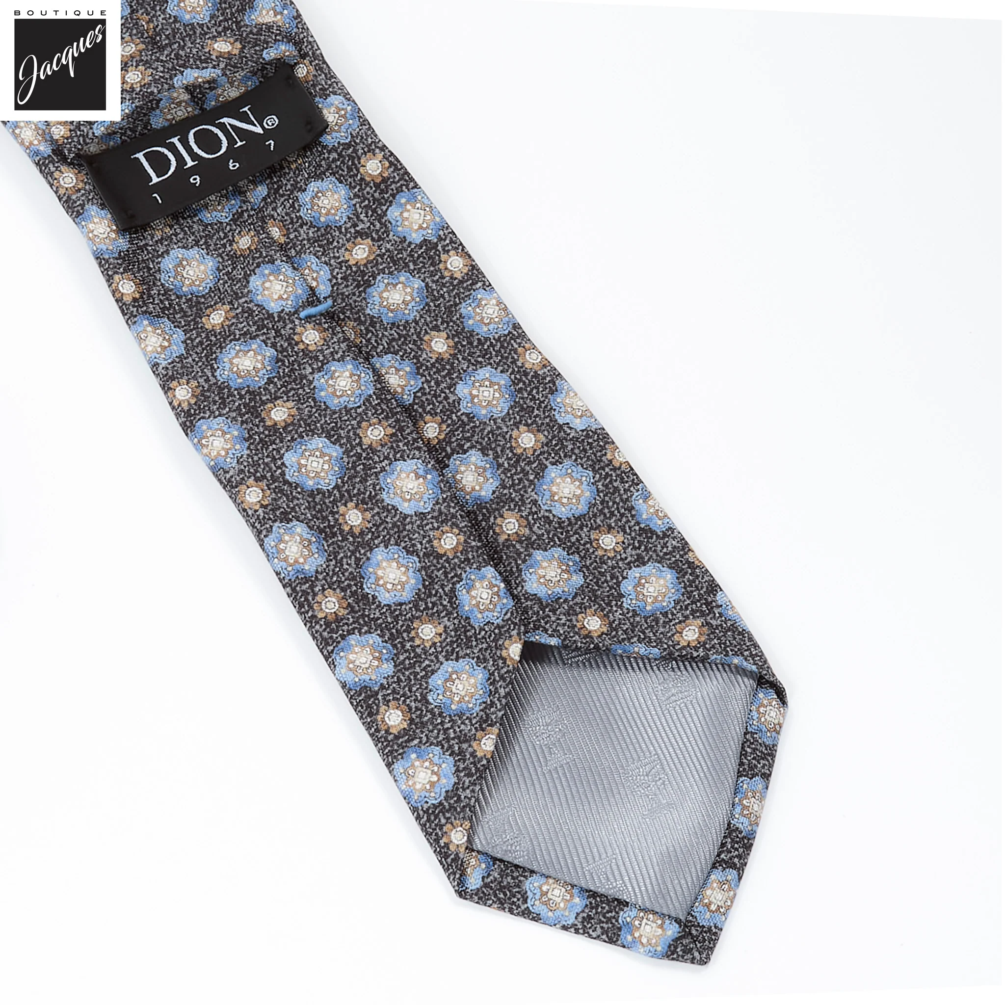 Onyx Gray Mélange Medallion Printed Panama Silk Tie - DION - Image 2
