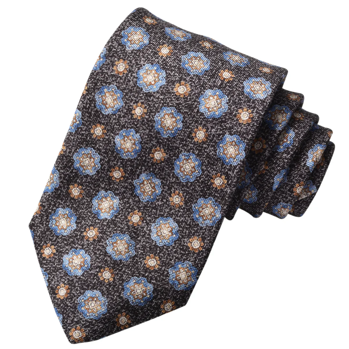 Onyx Gray Mélange Medallion Printed Panama Silk Tie - DION - Image 4