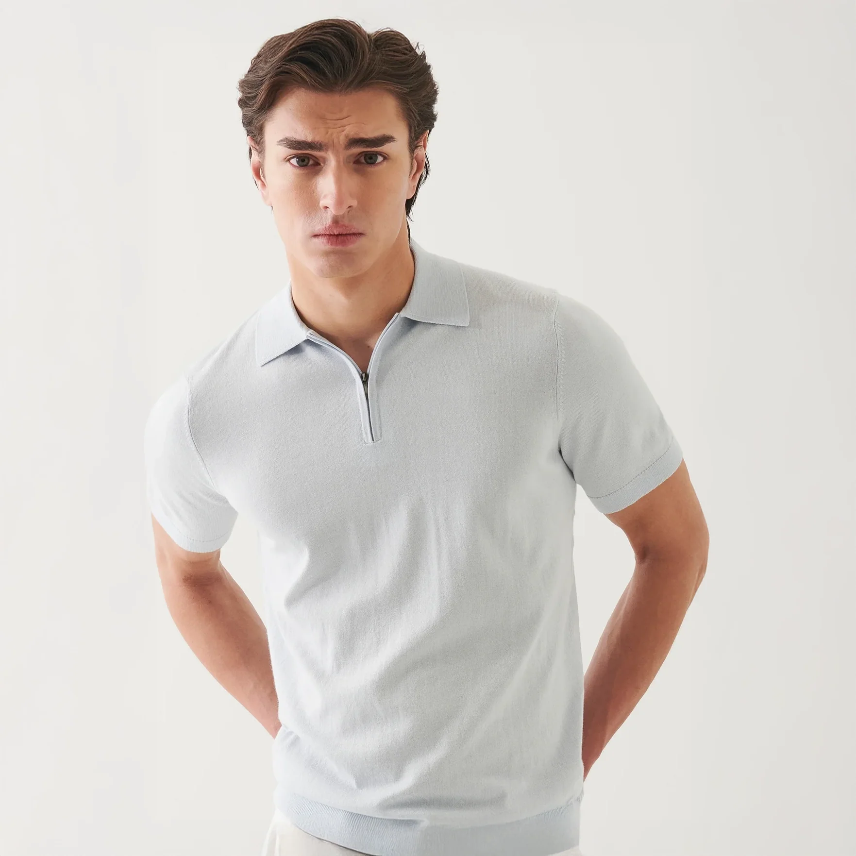 Pale Blue Cotton Cashmere Zip Polo - Patrick Assaraf