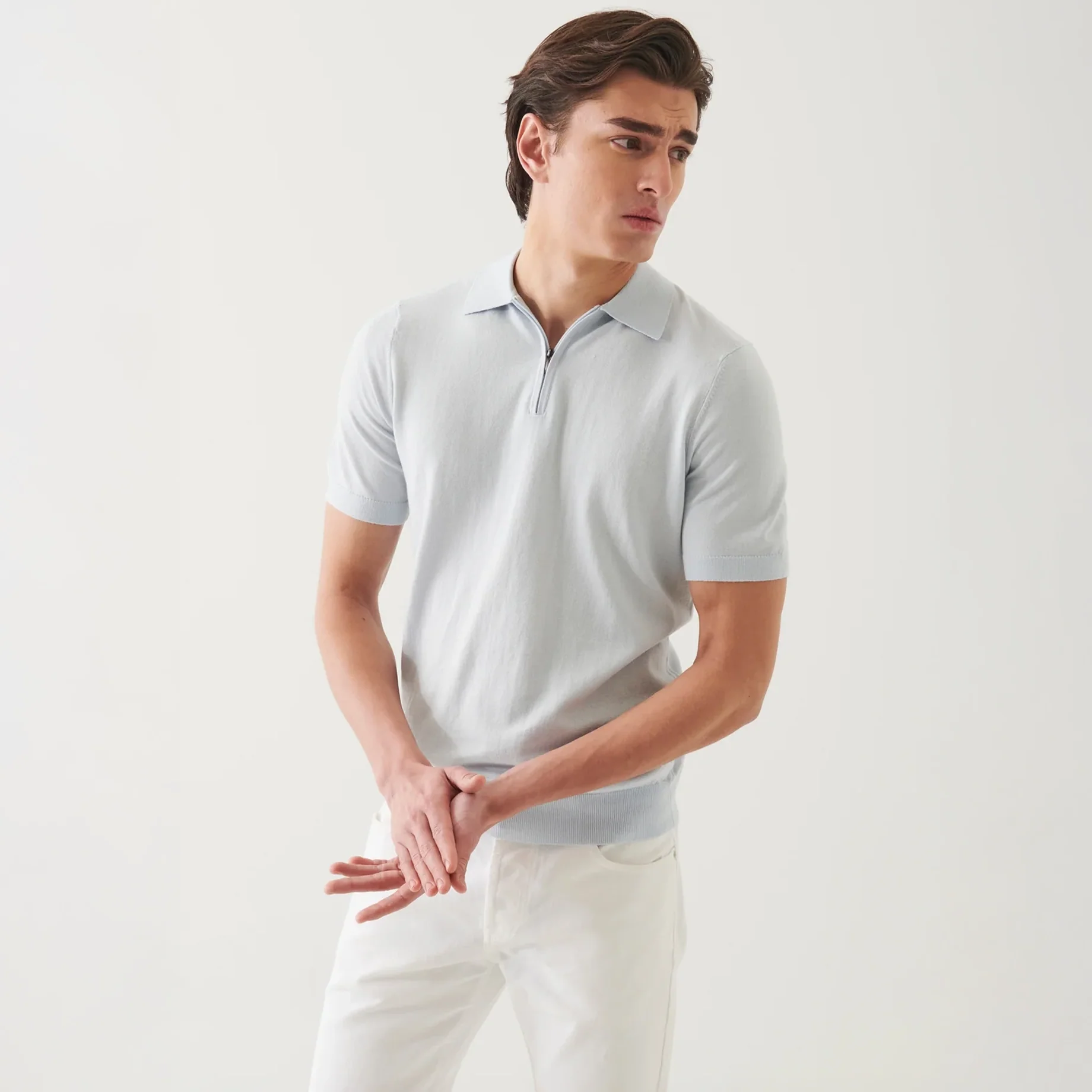 Pale Blue Cotton Cashmere Zip Polo - Patrick Assaraf - Image 2