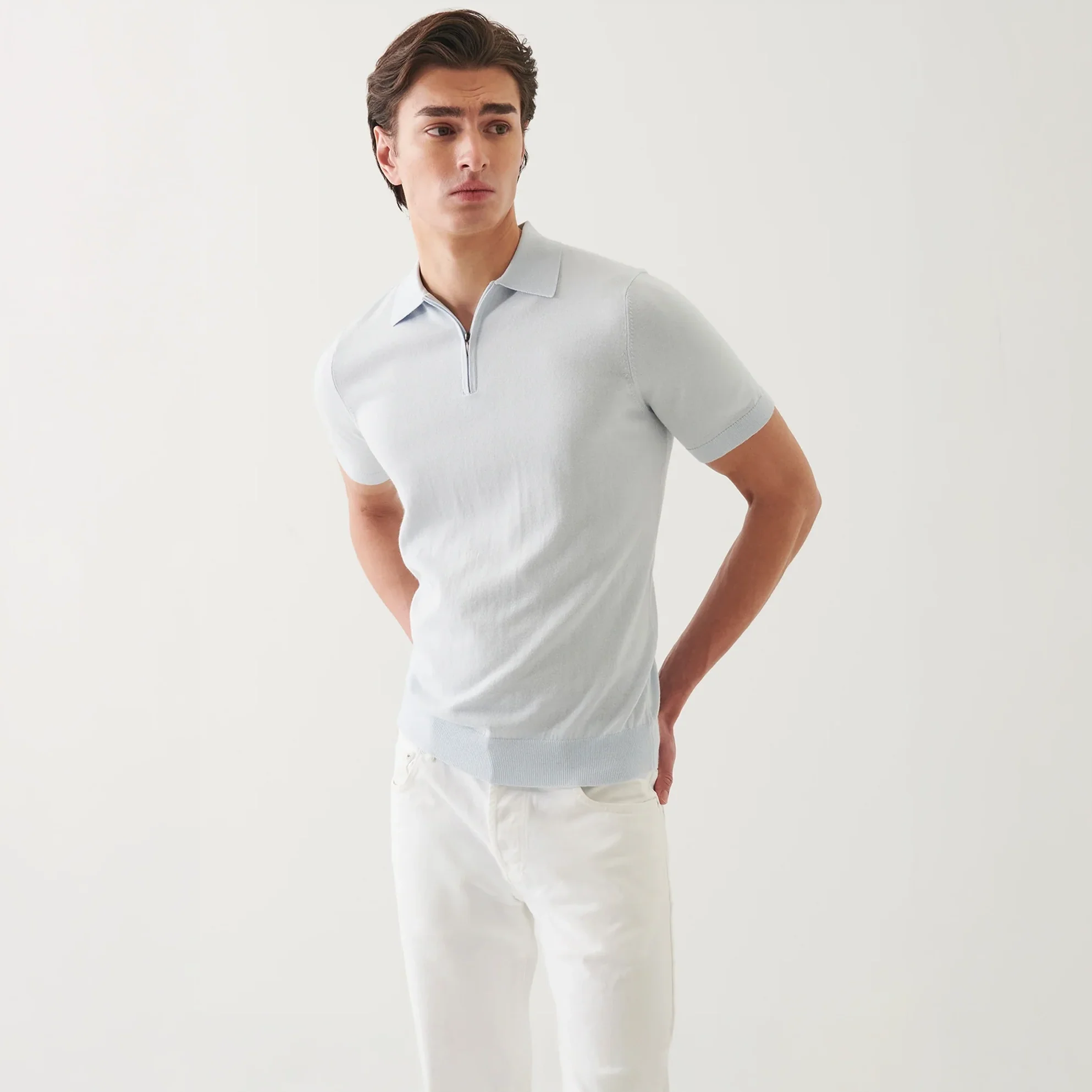 Pale Blue Cotton Cashmere Zip Polo - Patrick Assaraf - Image 3