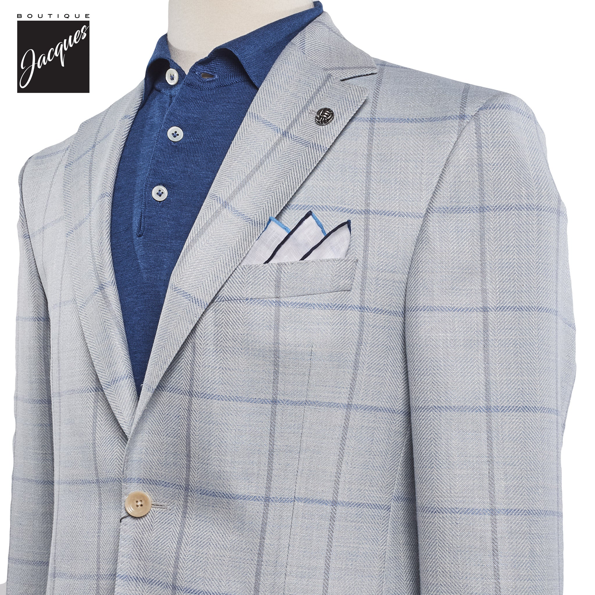 Pale Blue Windowpane Wool/Silk/Linen McAllen Contemporary Fit Sport Jacket - Jack Victor - Image 2