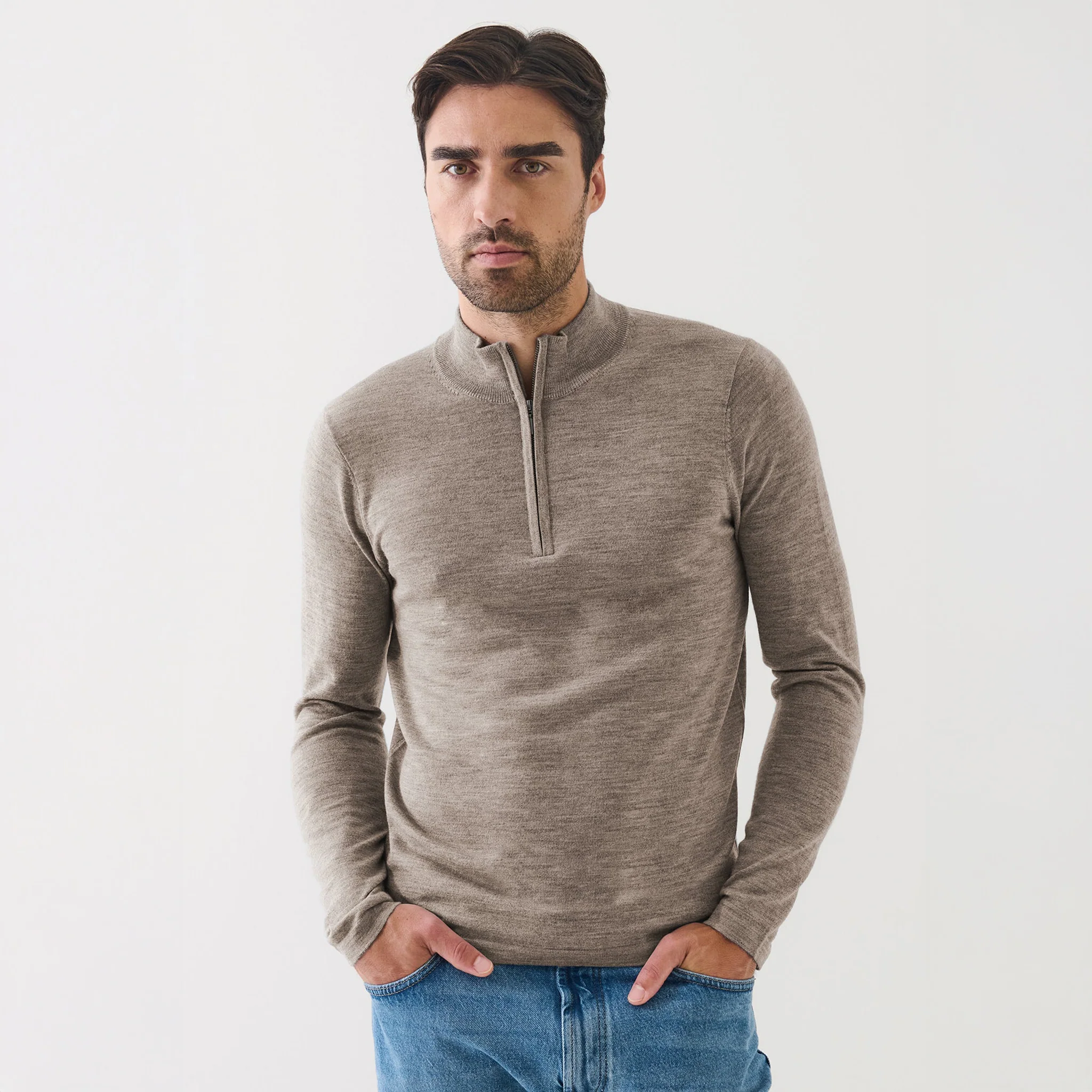 Pecan Extra-Fine Merino Quarter-Zip Mock Neck Sweater - Patrick Assaraf