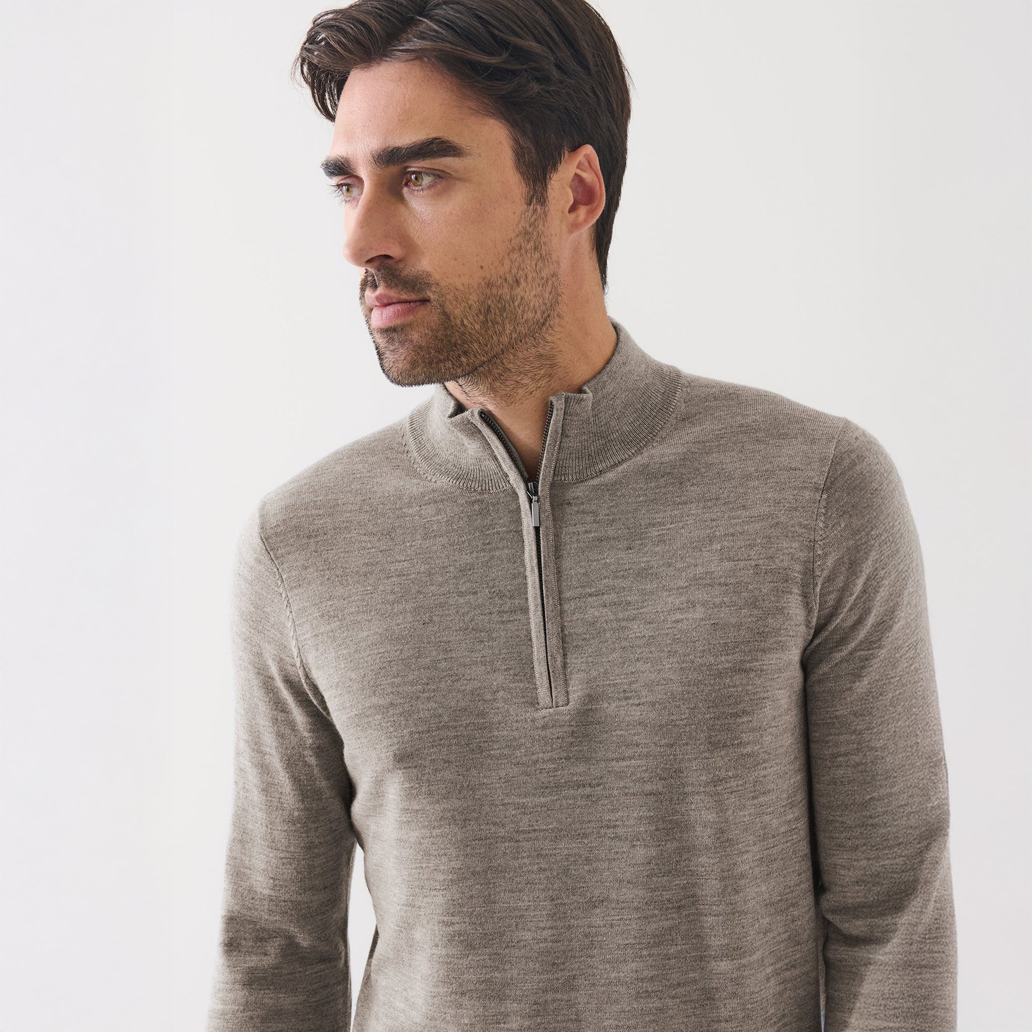 Pecan Extra-Fine Merino Quarter-Zip Mock Neck Sweater - Patrick Assaraf - Image 3