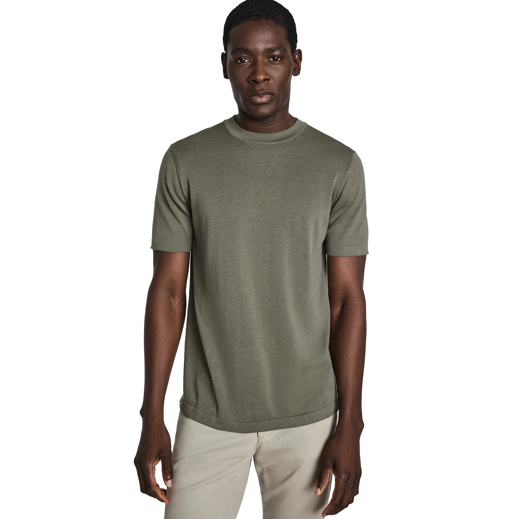 Sage Green Cotton Silk Knit Short Sleeve Wellington Crewneck - Jack Victor