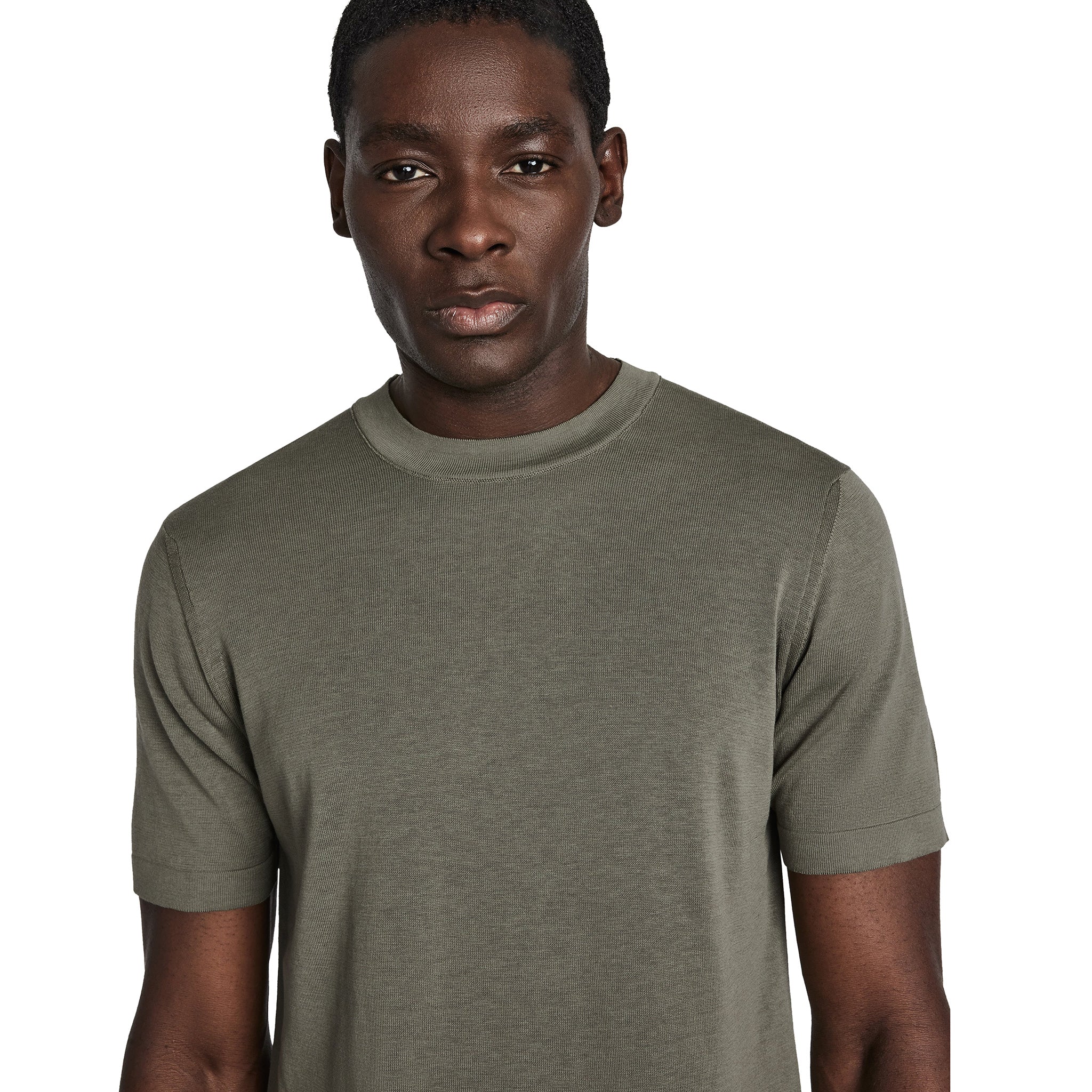 Sage Green Cotton Silk Knit Short Sleeve Wellington Crewneck - Jack Victor - Image 2