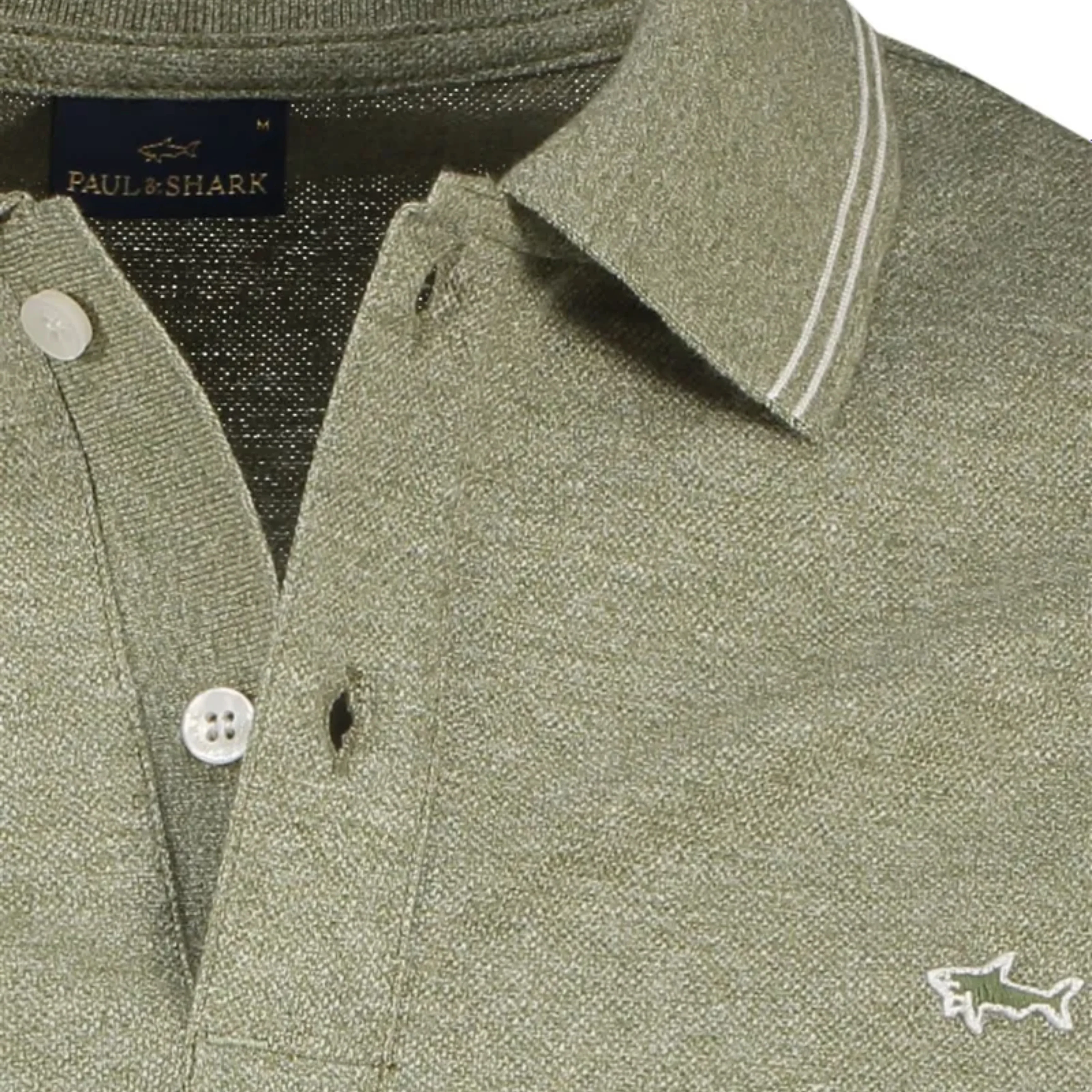 Sage Green Melange Cotton Polo Shirt - PAUL & SHARK - Image 3