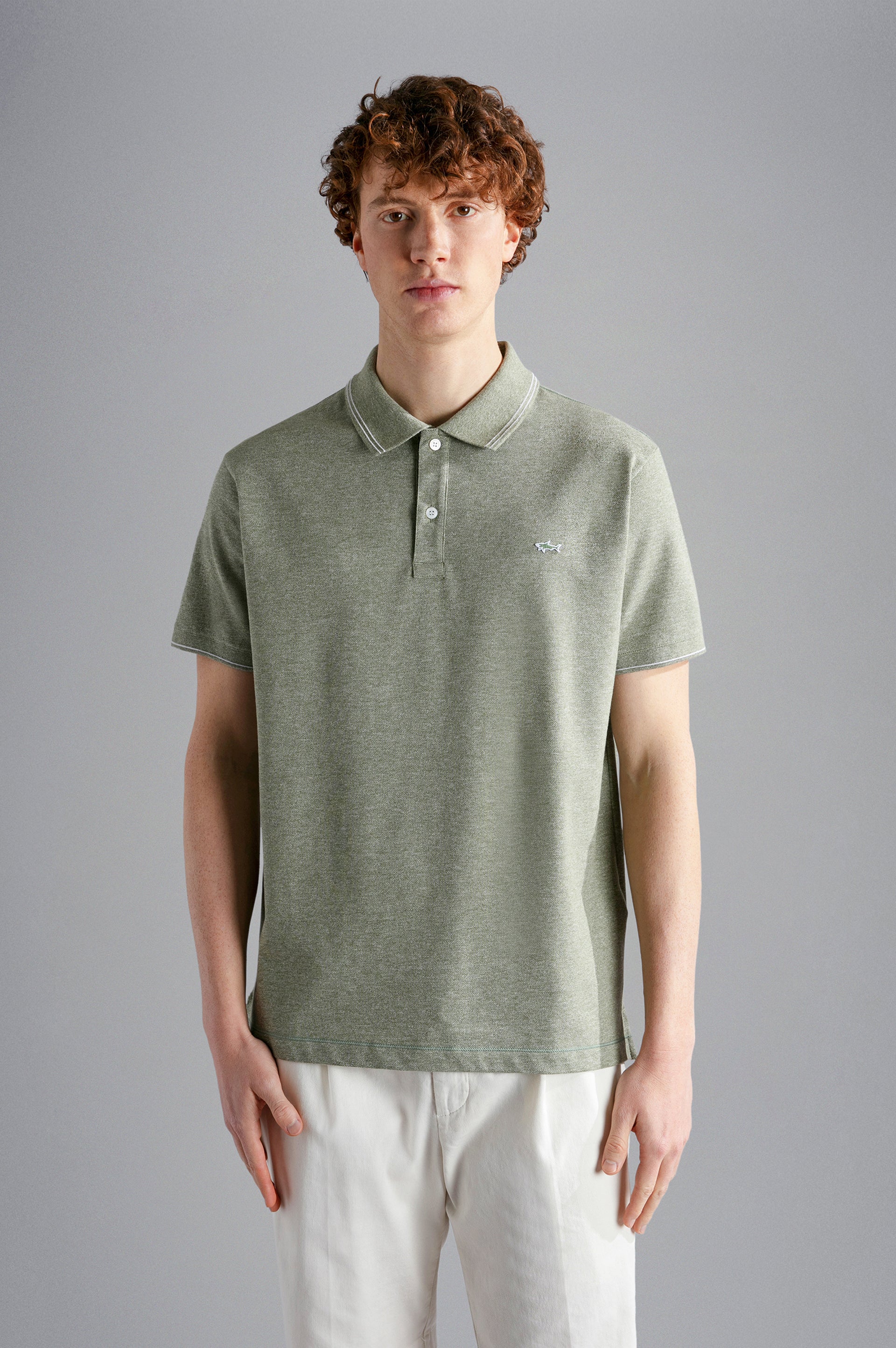 Sage Green Melange Cotton Polo Shirt - PAUL & SHARK - Image 4