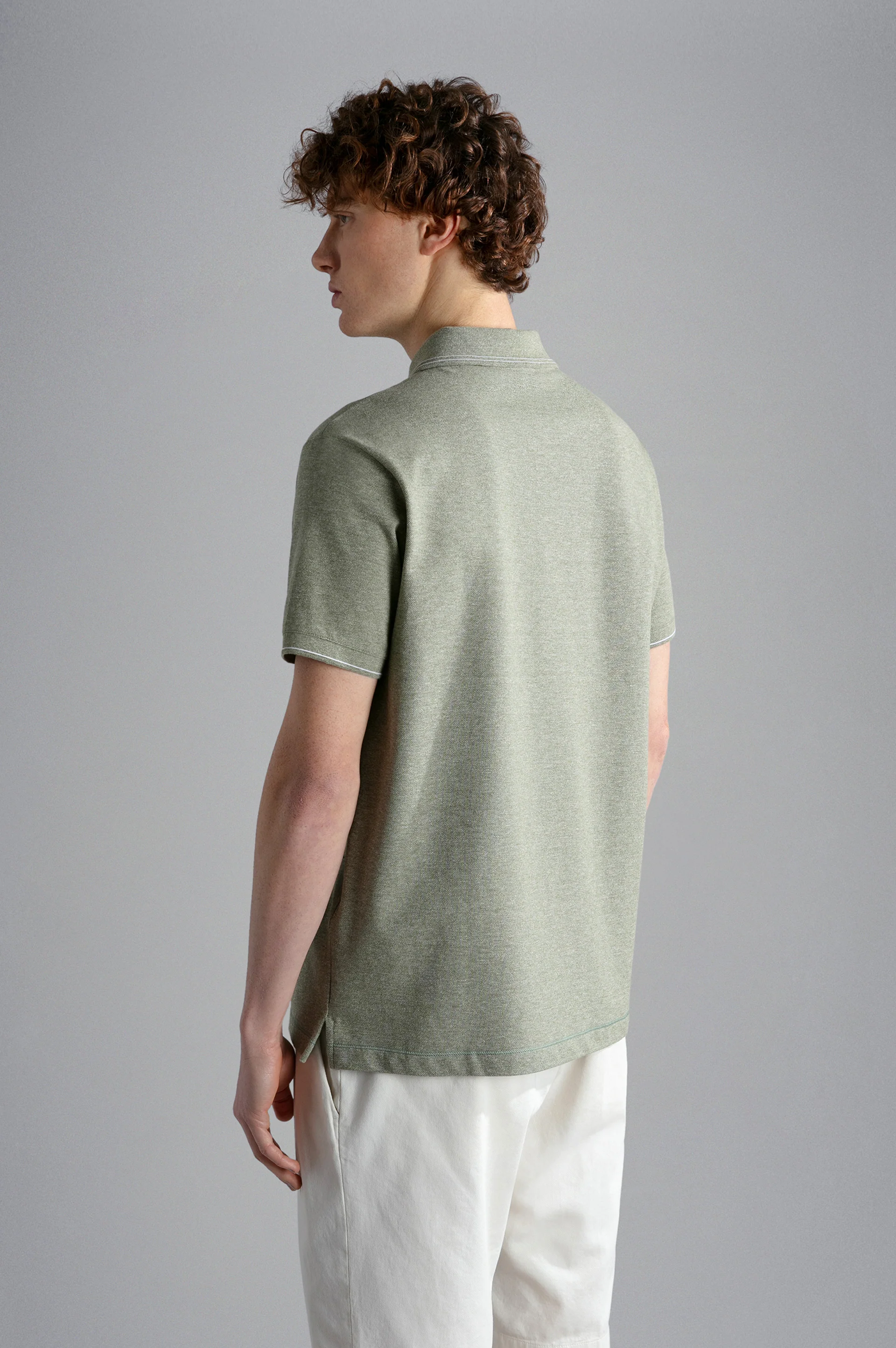 Sage Green Melange Cotton Polo Shirt - PAUL & SHARK - Image 5
