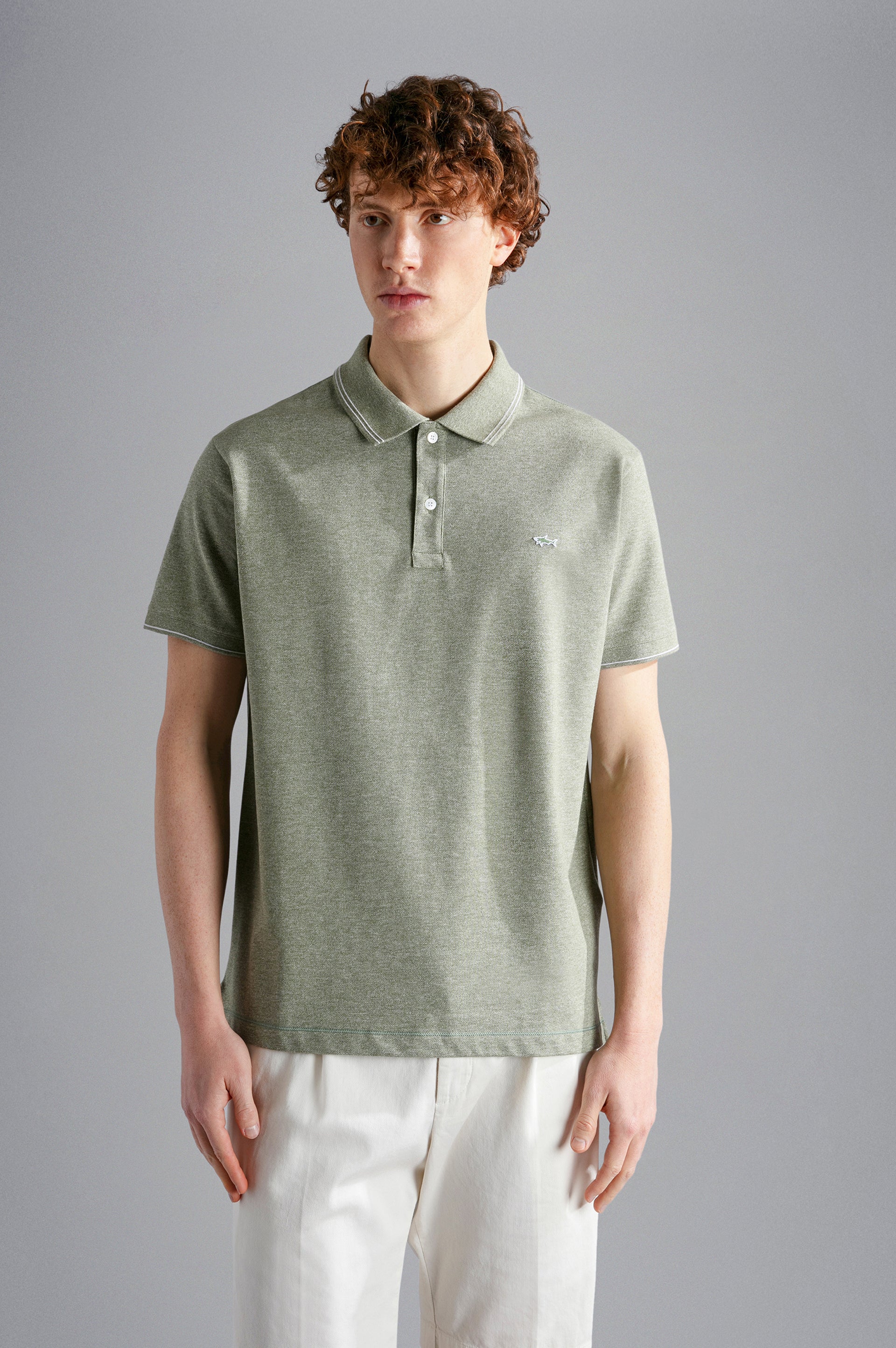 Sage Green Melange Cotton Polo Shirt - PAUL & SHARK - Image 7