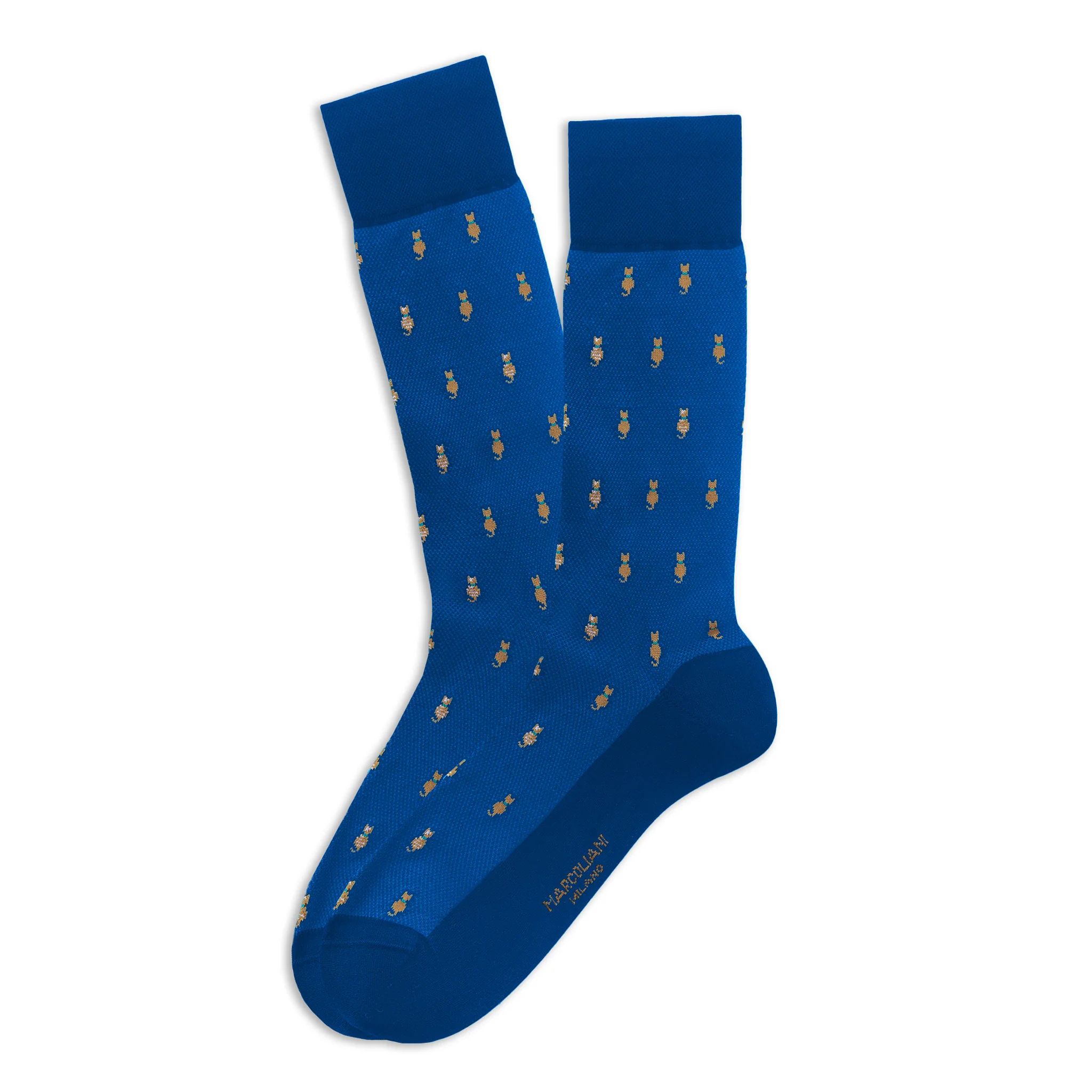 Sapphire Blue Tiny Cat Motif Pima Cotton Mid-Calf Socks - Marcoliani