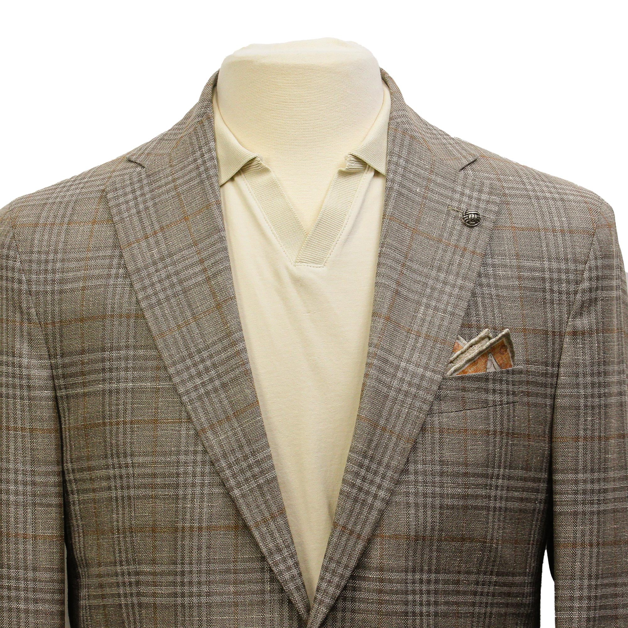 Taupe Check Loro Piana Wool/Silk/Linen Hampton Contemporary Fit Comfortwear Blazer - Jack Victor - Image 4