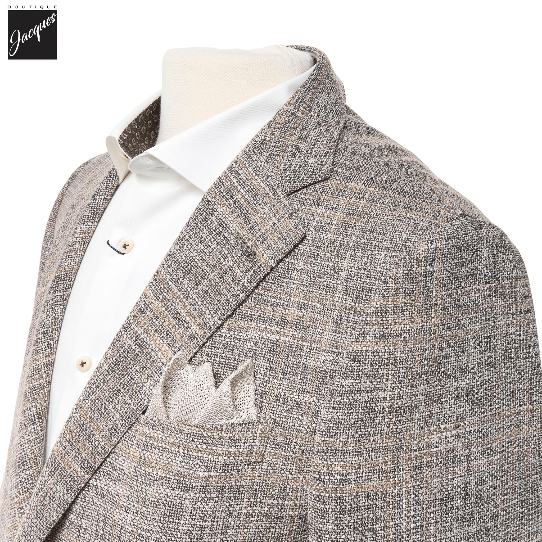 Taupe/Beige Overcheck Wool-Silk Blend Modern Fit Sport Coat - Corneliani - Image 2