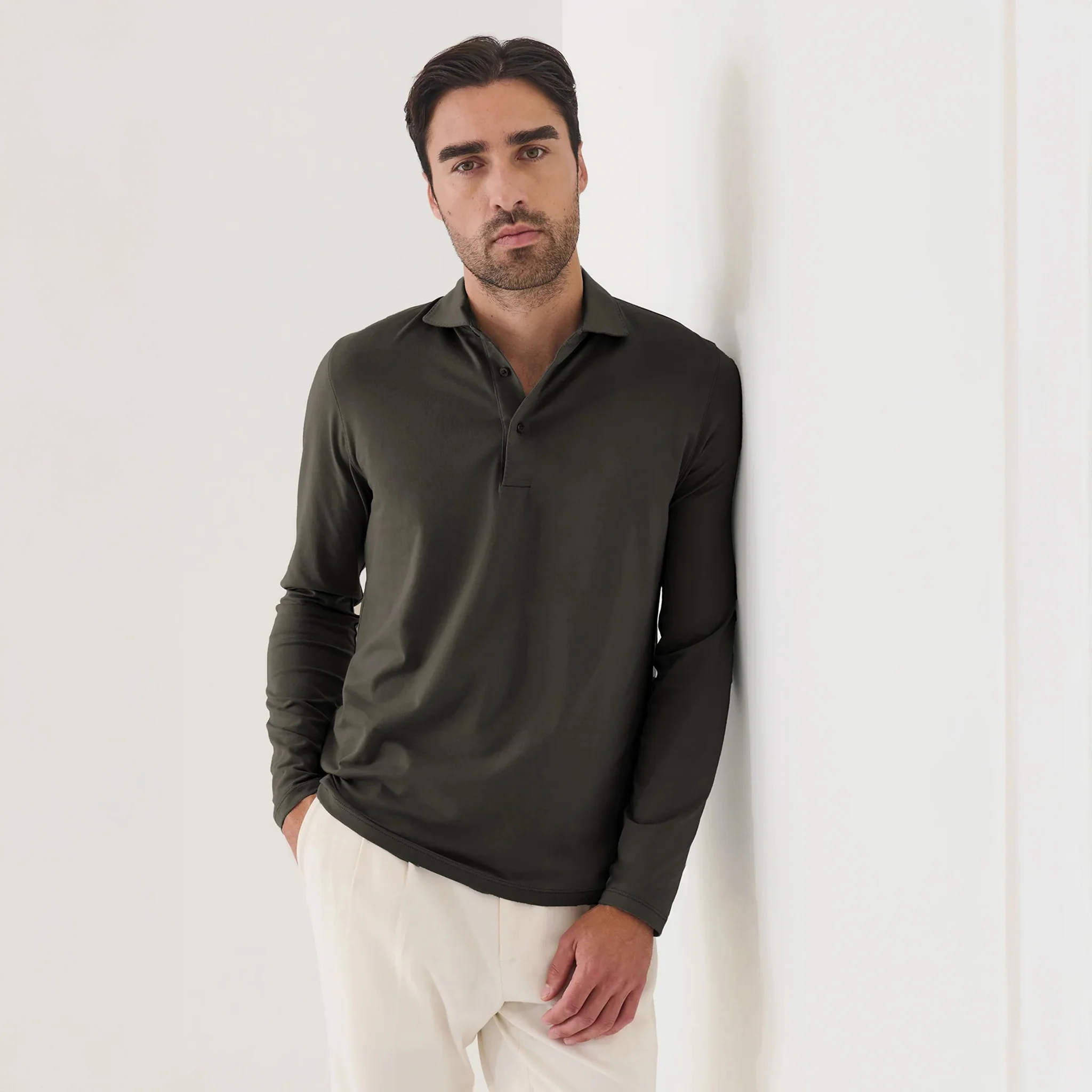 Thyme Green Long Sleeve Pima Polo - Patrick Assaraf - Image 3