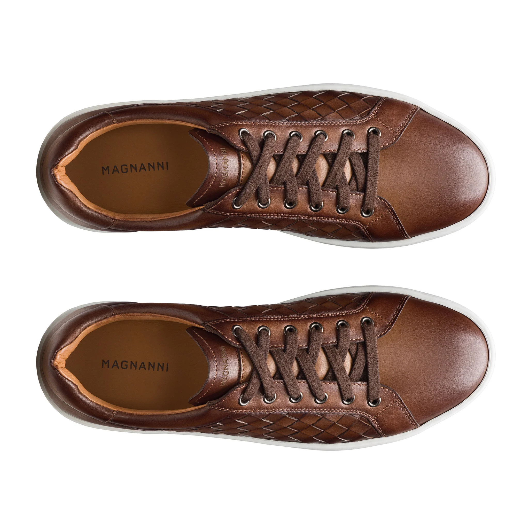 Tobacco Cote Lo Woven Leather Stretch-Lace Sneakers - Magnanni - Image 3