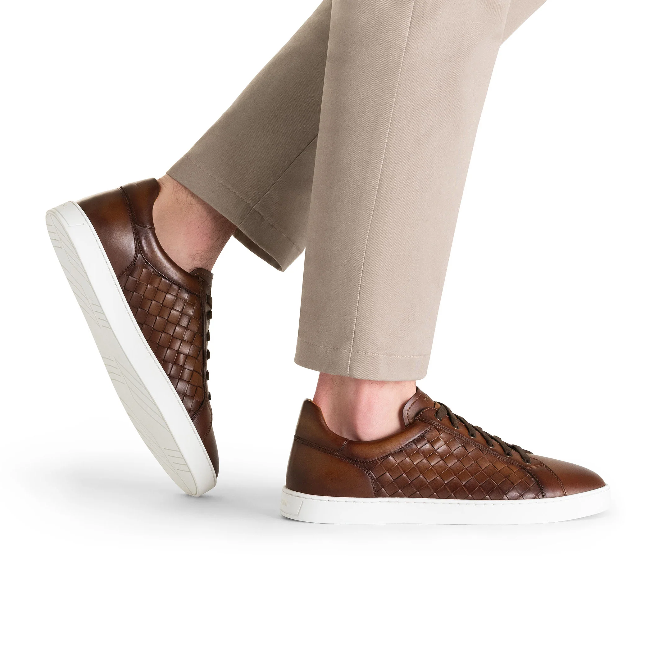 Tobacco Cote Lo Woven Leather Stretch-Lace Sneakers - Magnanni - Image 4