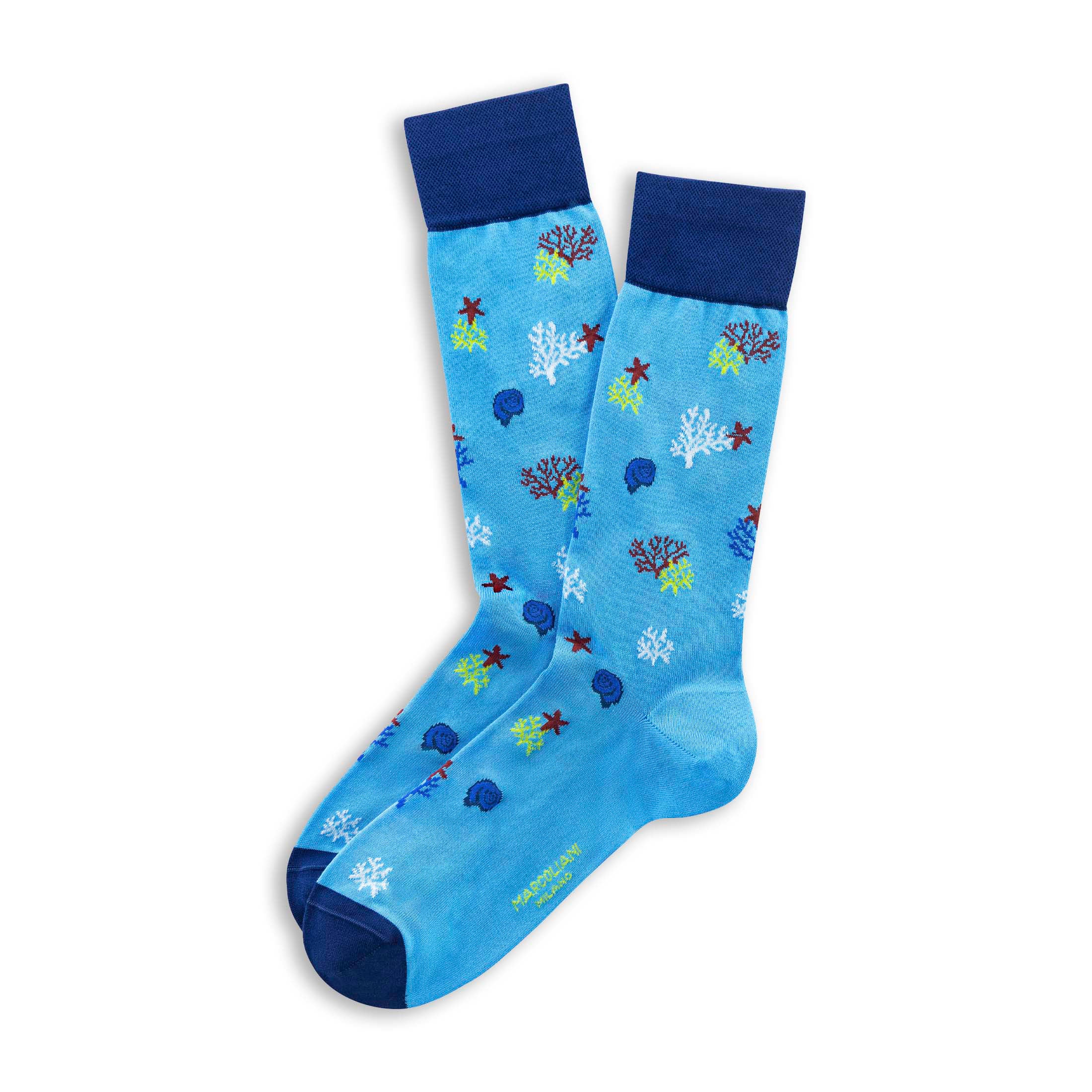 Turquoise Blue Coral Reef Motif Pima Cotton Mid-Calf Socks - Marcoliani