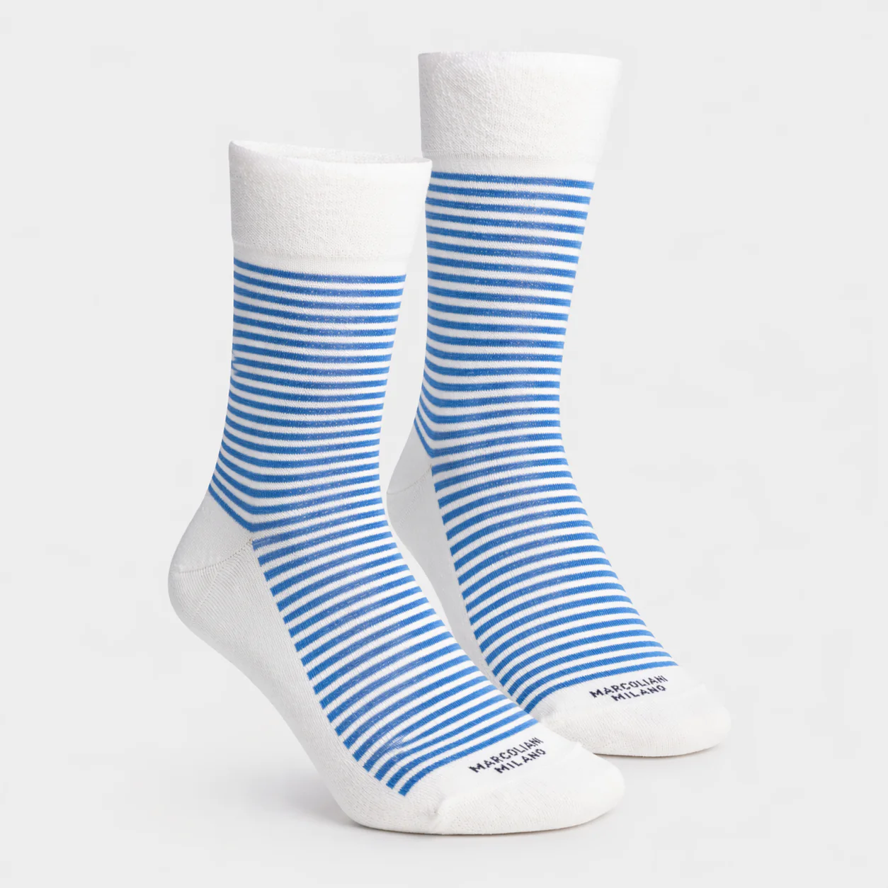 White & Blue Palio Stripe Pima Cotton Mid-Calf Sneaker Sock - Marcoliani