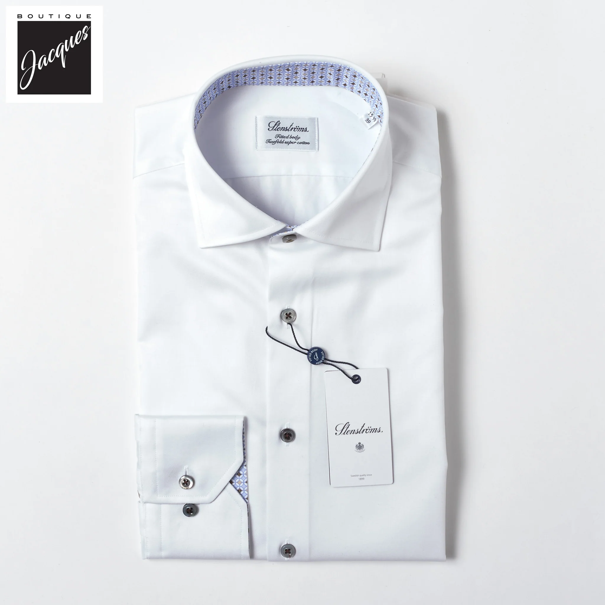 White Cotton Twill Fitted Body Dress Shirt With Geometric Trim - Stenströms
