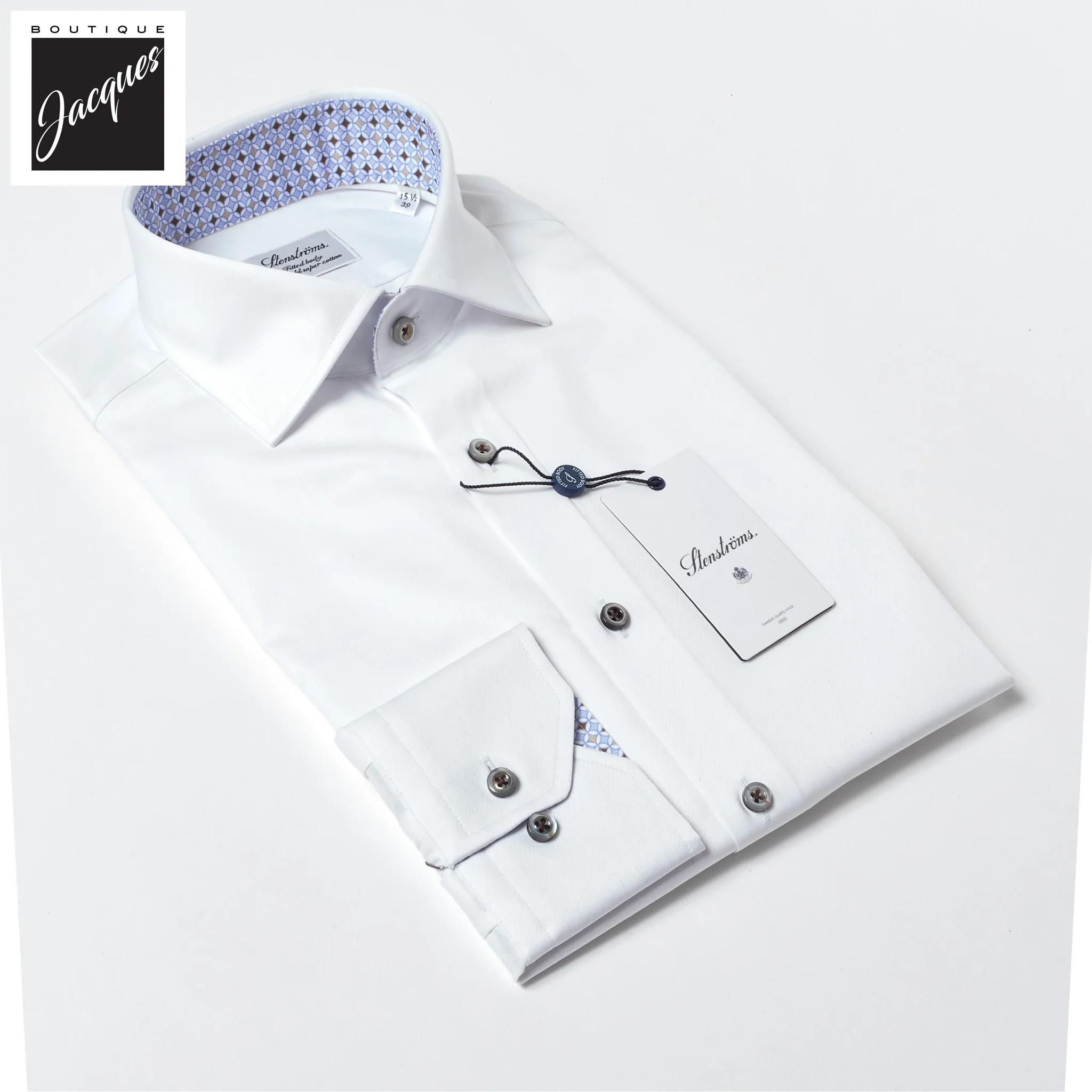 White Cotton Twill Fitted Body Dress Shirt With Geometric Trim - Stenströms - Image 2