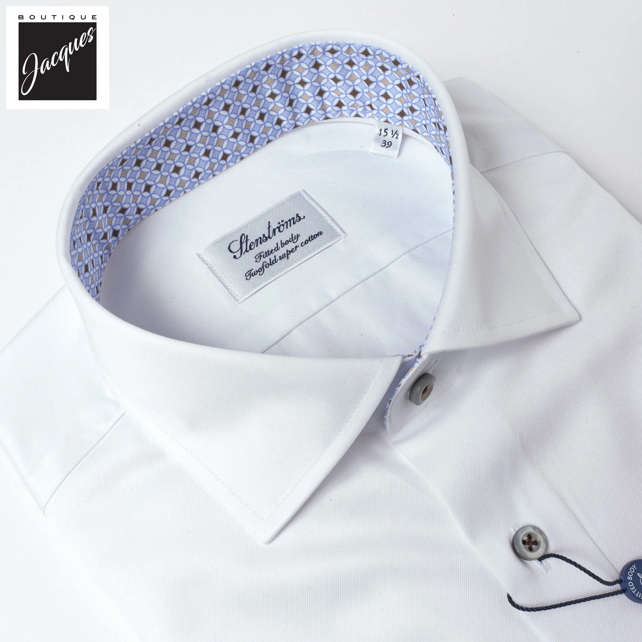 White Cotton Twill Fitted Body Dress Shirt With Geometric Trim - Stenströms - Image 3