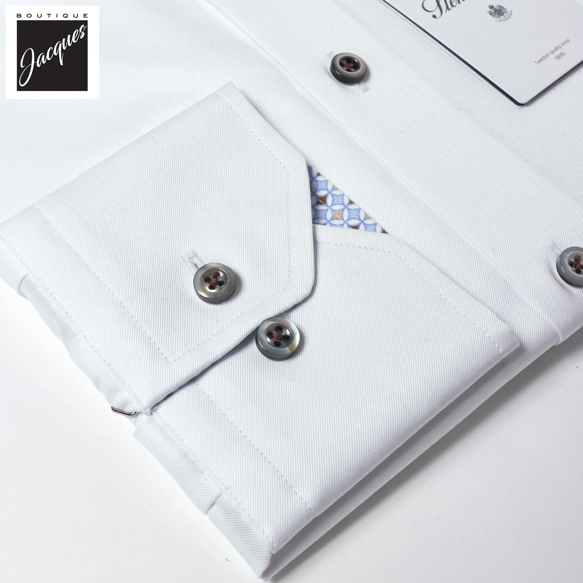 White Cotton Twill Fitted Body Dress Shirt With Geometric Trim - Stenströms - Image 4