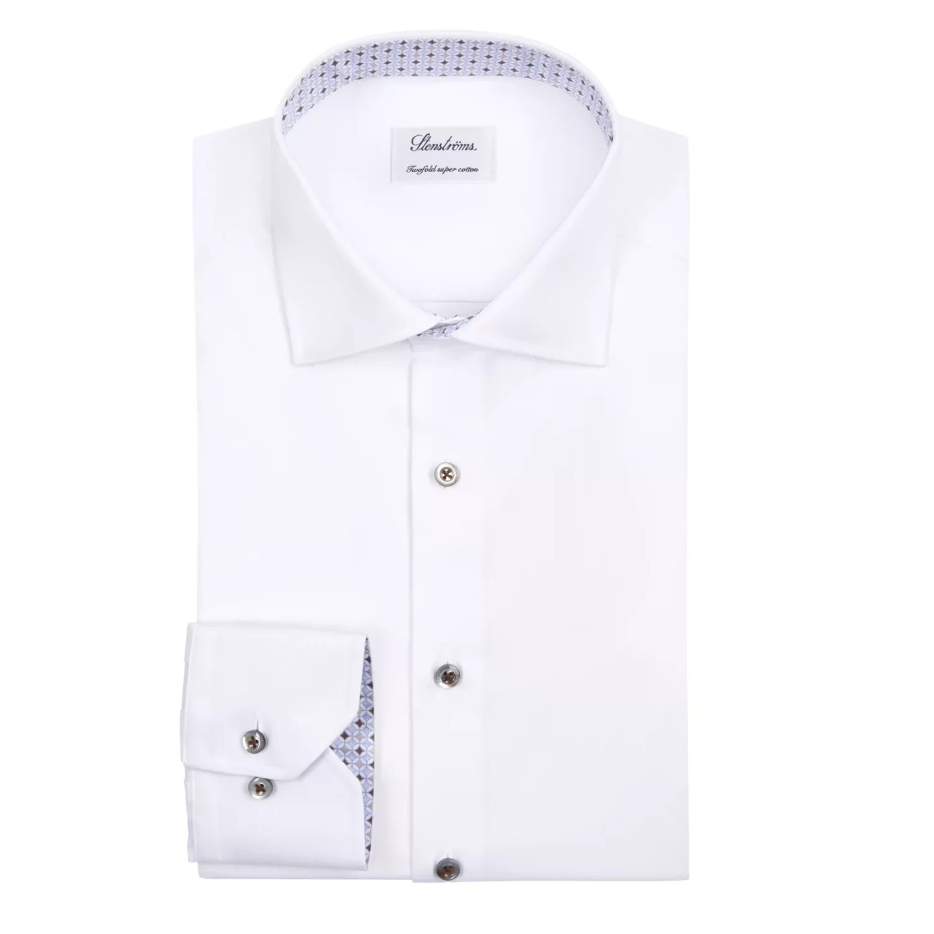 White Cotton Twill Fitted Body Dress Shirt With Geometric Trim - Stenströms - Image 5