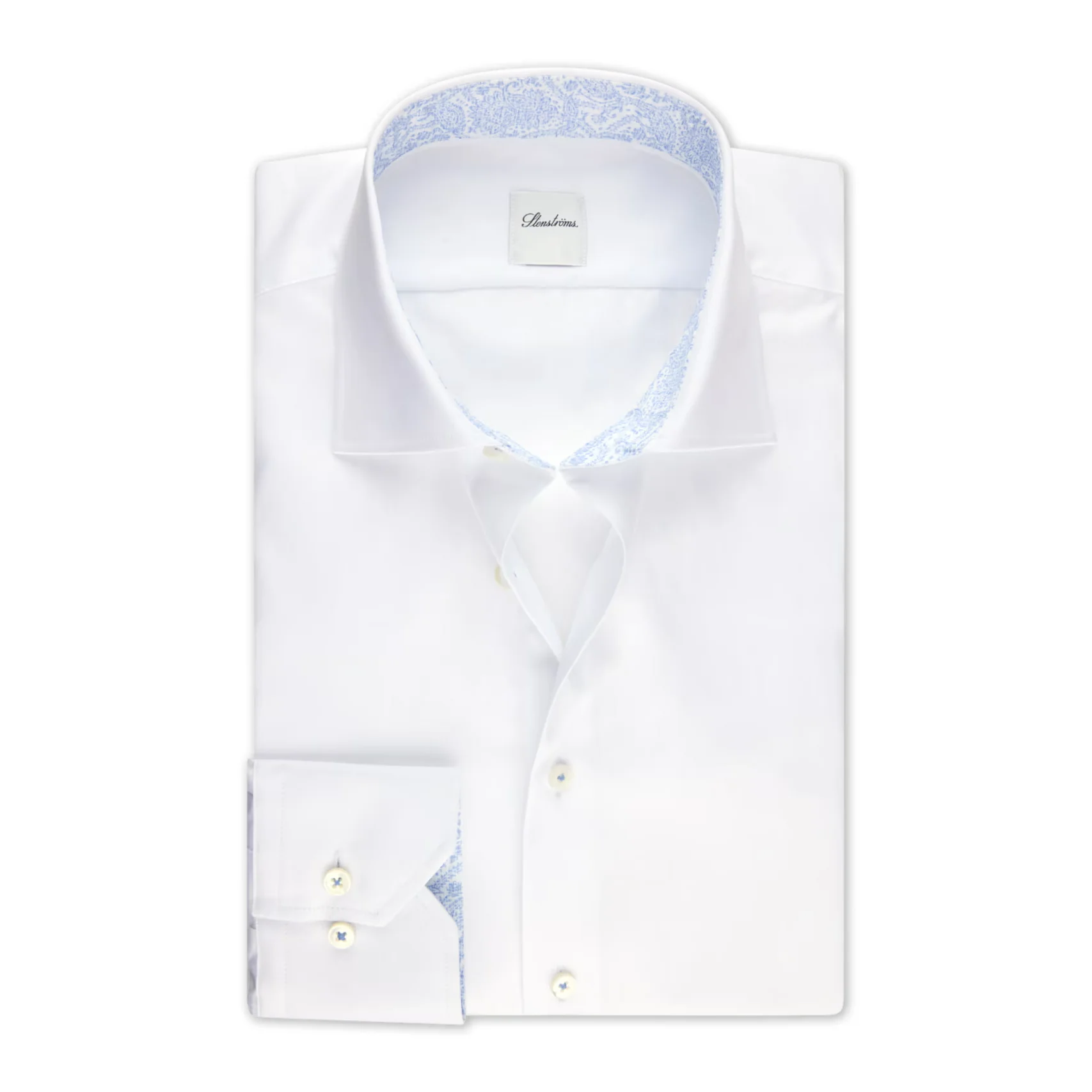 White Cotton Twill Slimline Dress Shirt w/ Paisley Trim - Stenströms
