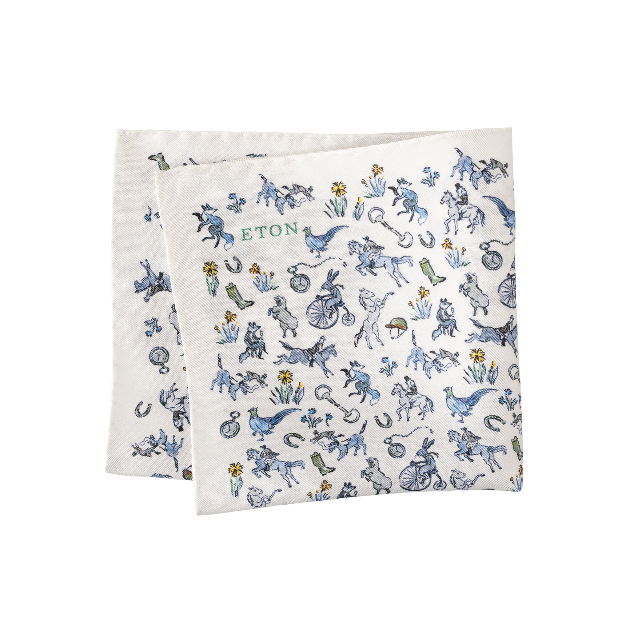 White Equestrian Motif Silk Pocket Square - ETON