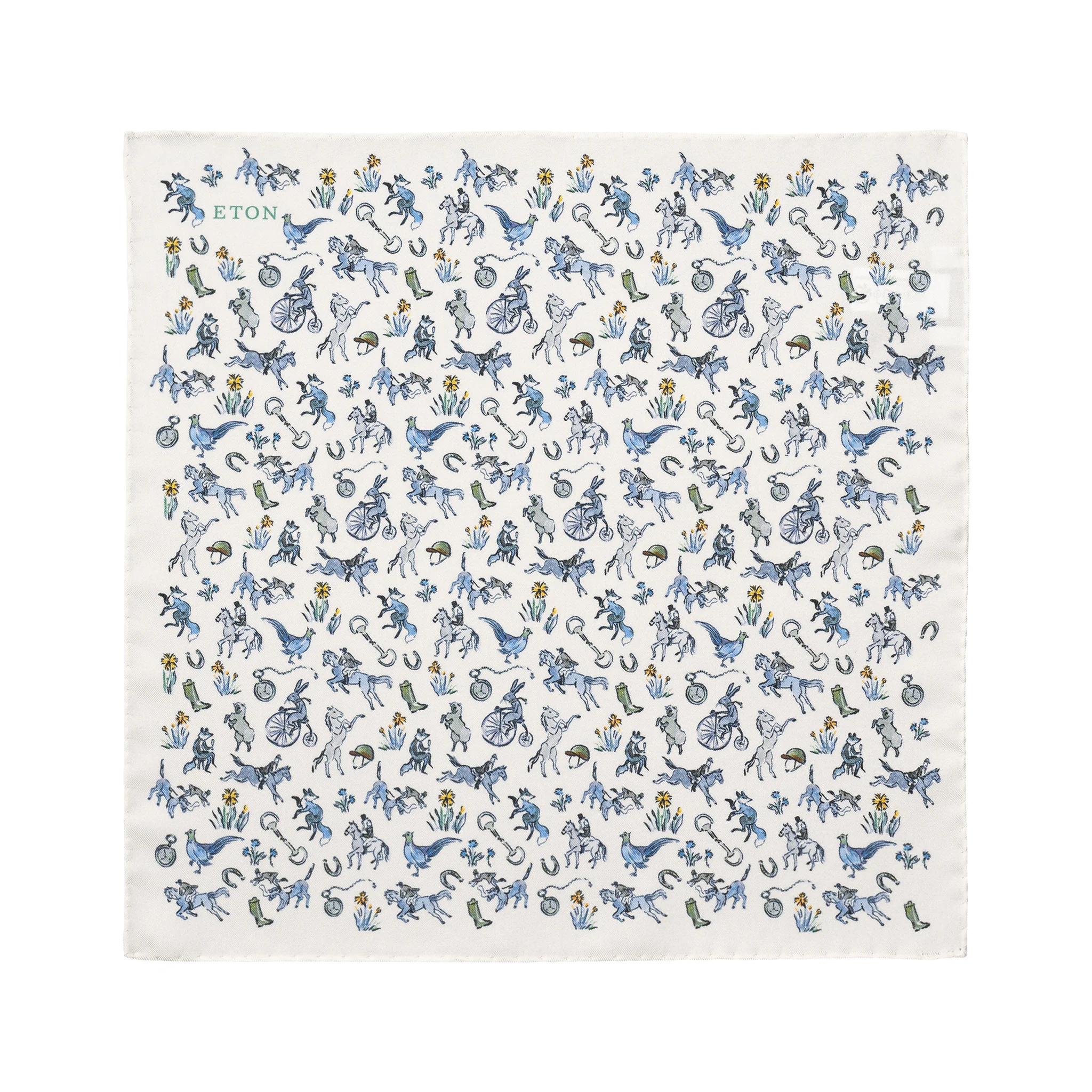 White Equestrian Motif Silk Pocket Square - ETON - Image 2