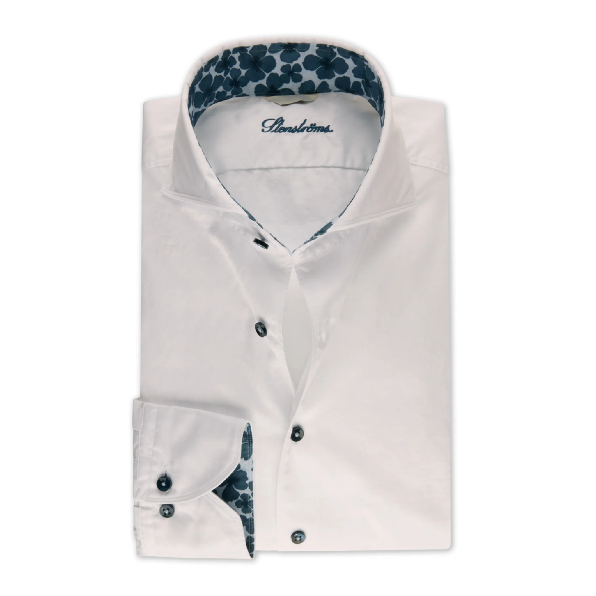 White Garment Wash Slimline Casual Shirt with Blue Floral Trim - Stenströms