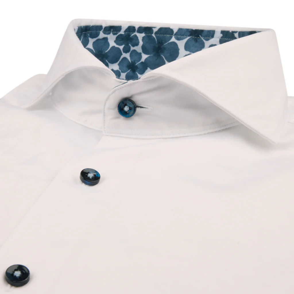 White Garment Wash Slimline Casual Shirt with Blue Floral Trim - Stenströms - Image 2