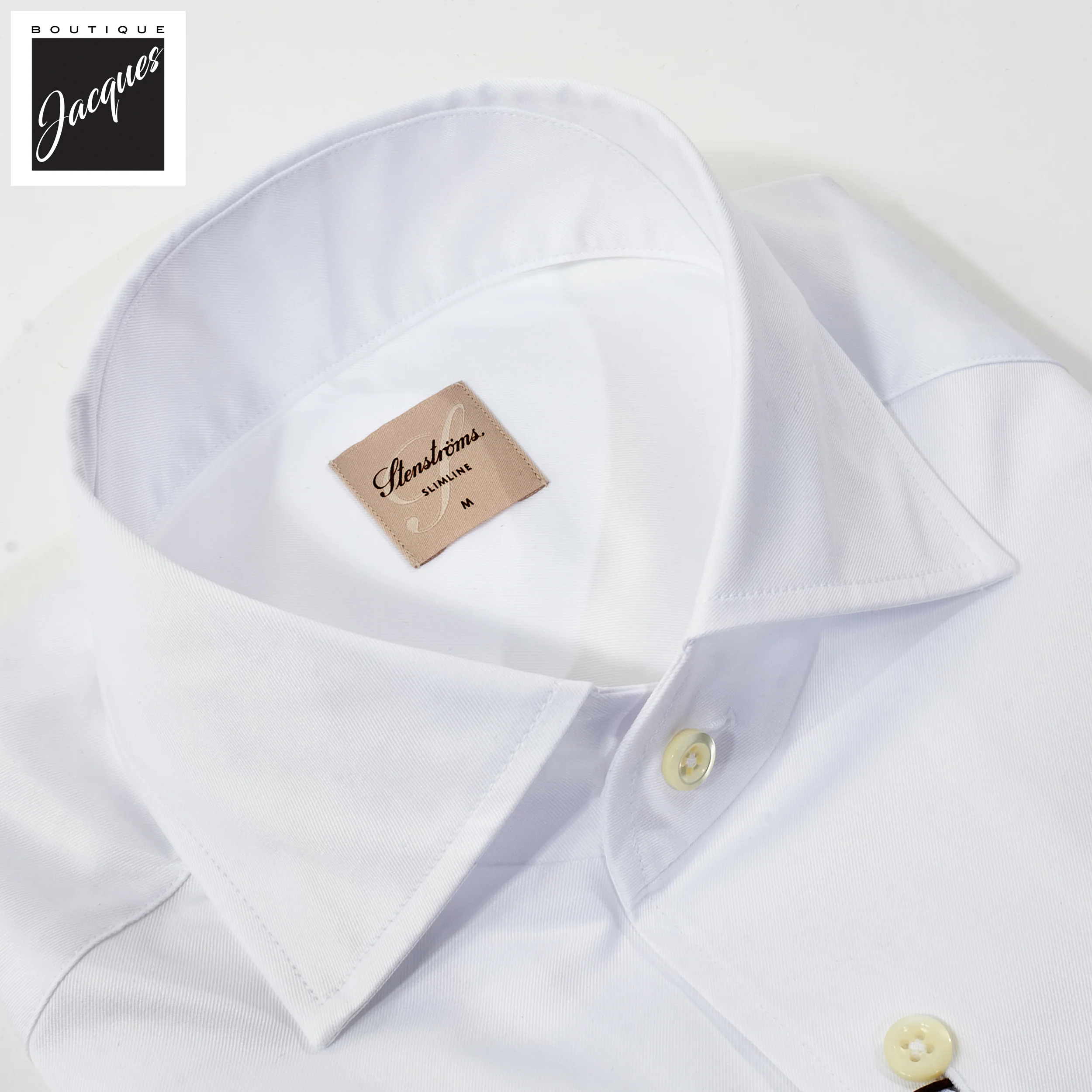 White One-Piece Collar Cotton Twill Slimline Casual Shirt - Stenströms - Image 2