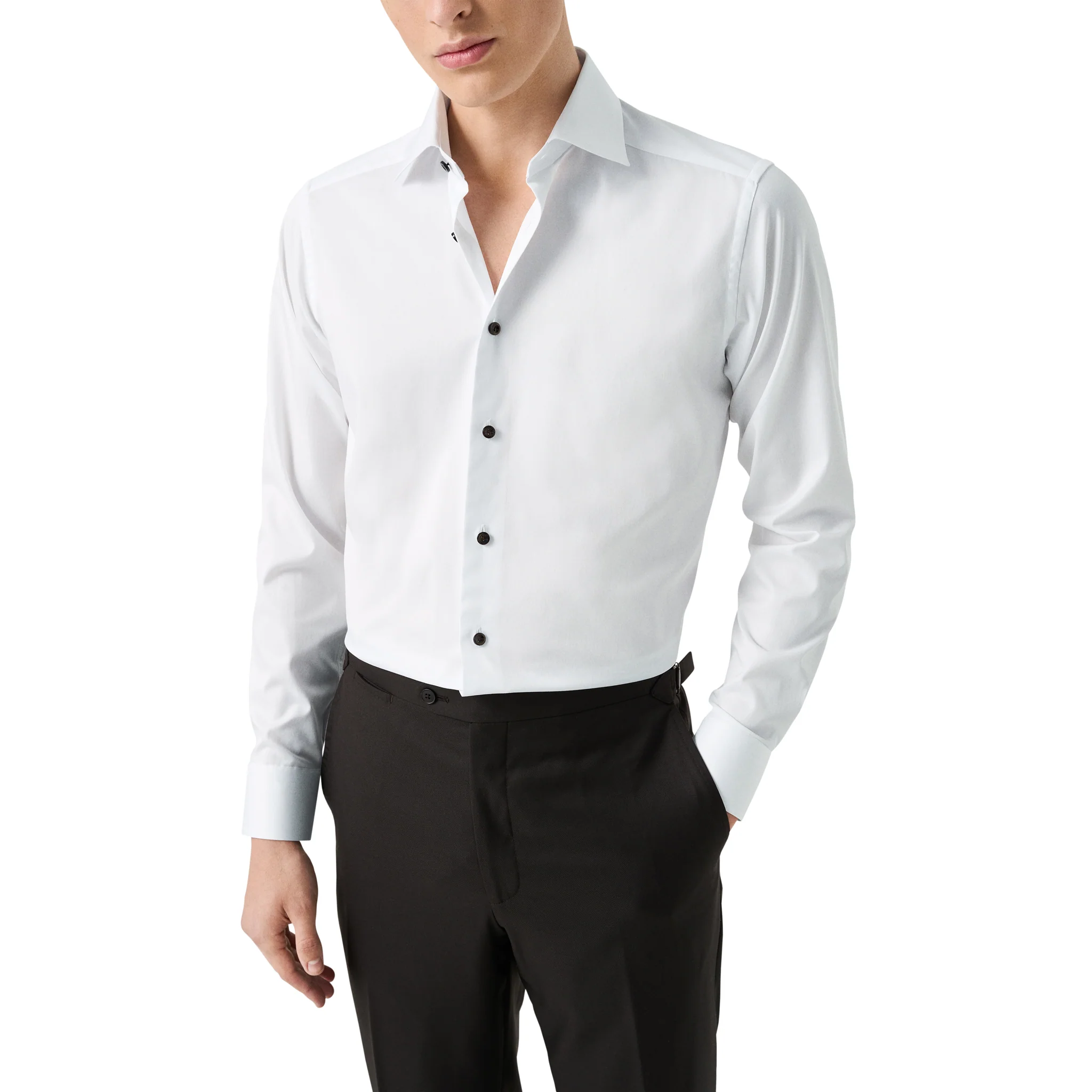 White Solid Signature Twill Slim Fit Shirt w/ Brown Buttons - ETON - Image 3