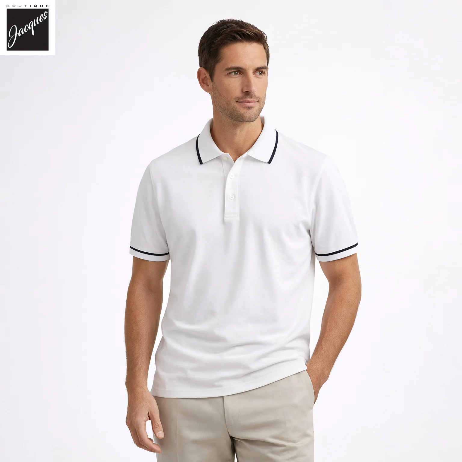 White Tipped Iconic Pima Cotton Stretch Button Polo Shirt - Patrick Assaraf