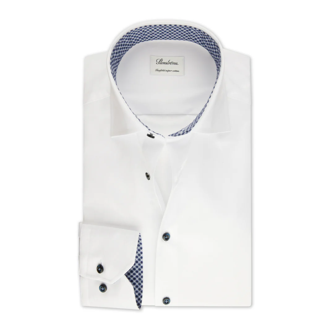 White Twill Contrast Geometric Trim Fitted Body Dress Shirt