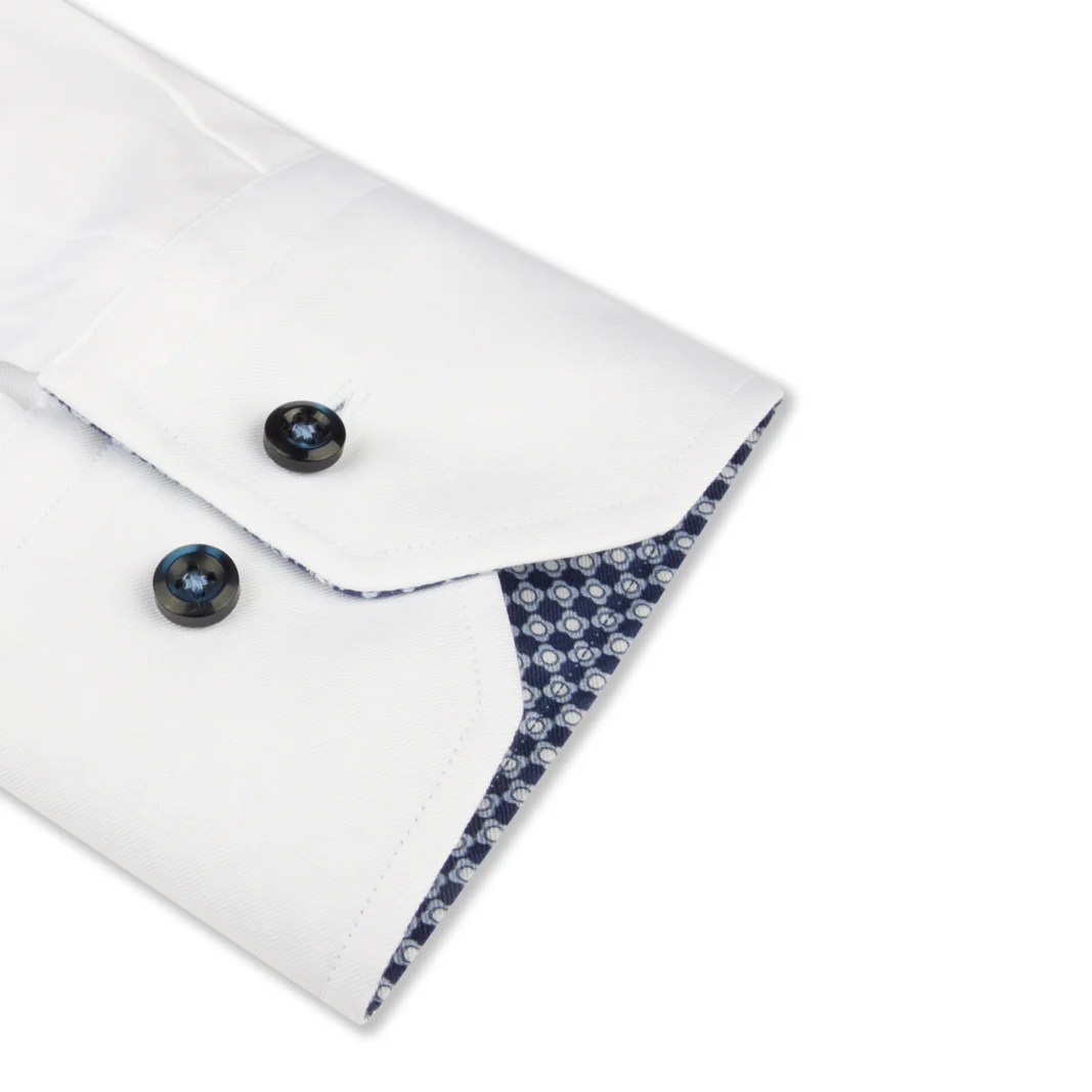 White Twill Contrast Geometric Trim Fitted Body Dress Shirt - Image 3