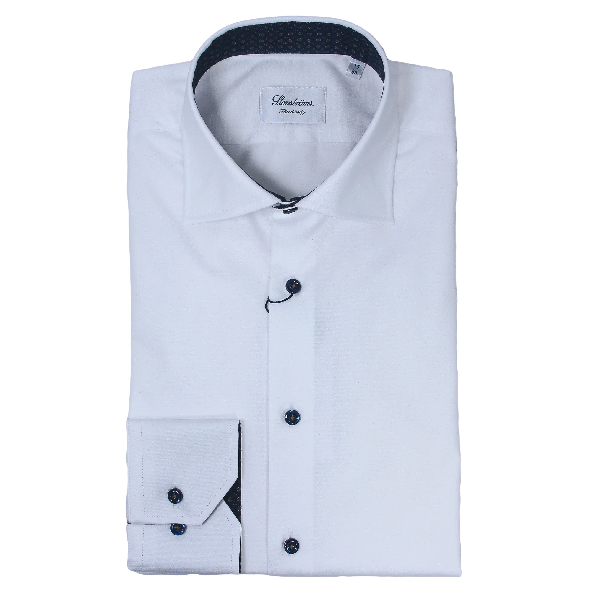 White Twill Fitted Body Shirt w/ Navy Floral Contrast - Stenströms