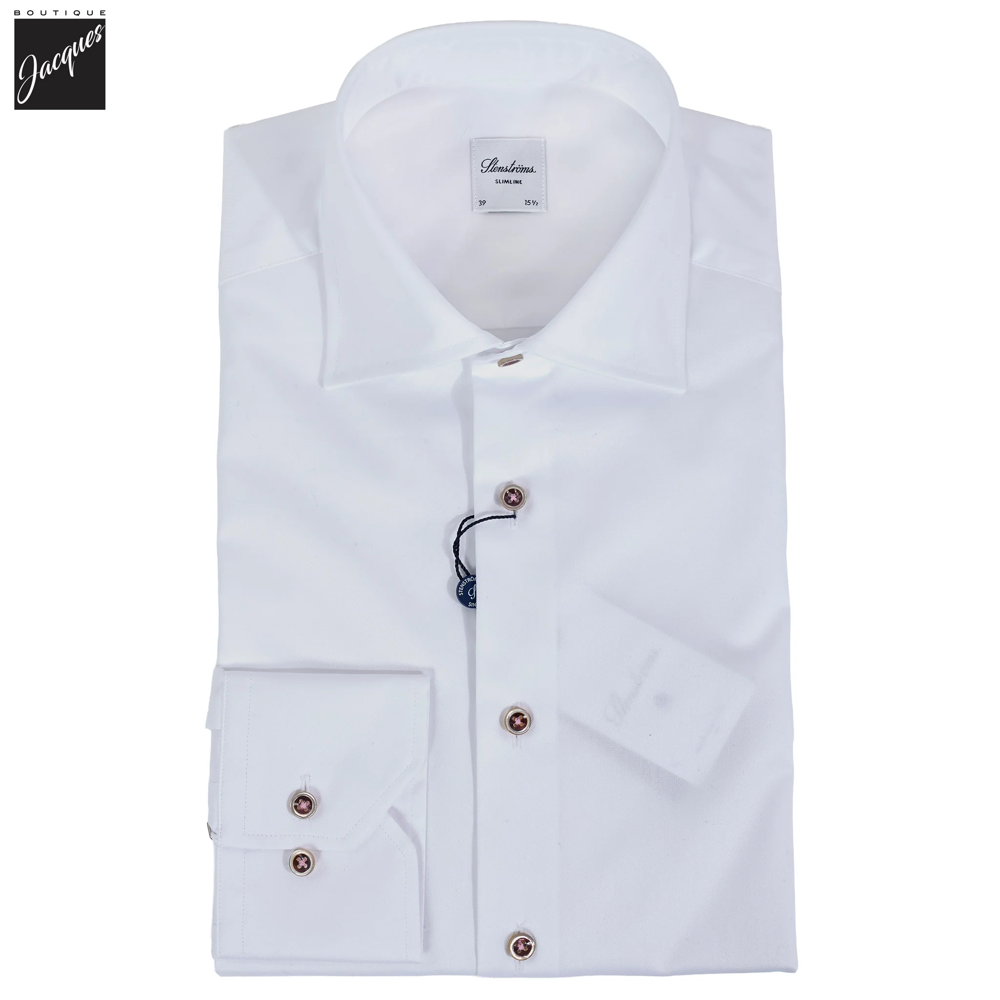White Twill Slimline Dress Shirt with Burgundy Buttons - Stenströms