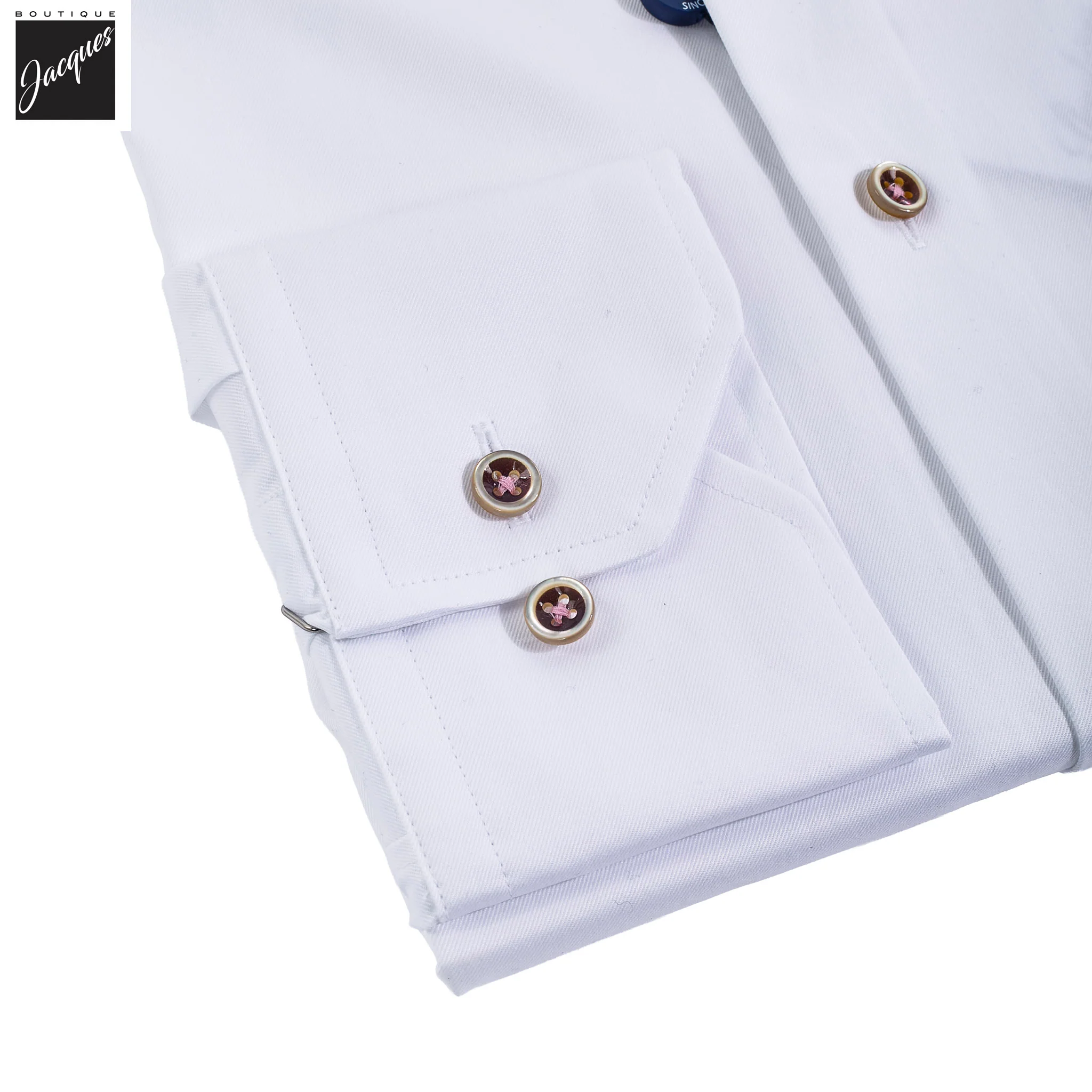 White Twill Slimline Dress Shirt with Burgundy Buttons - Stenströms - Image 3