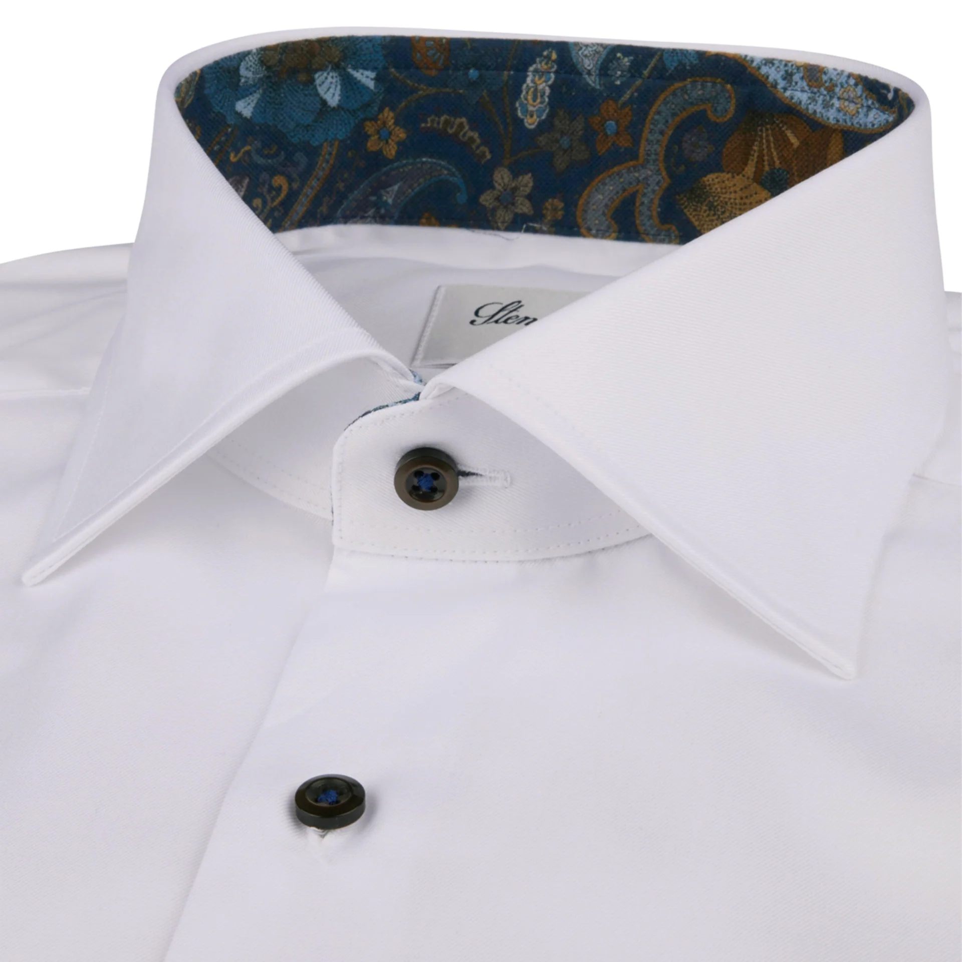 White w/ Brown & Blue Contrast Twill Slimline Shirt - Stenströms - Image 2