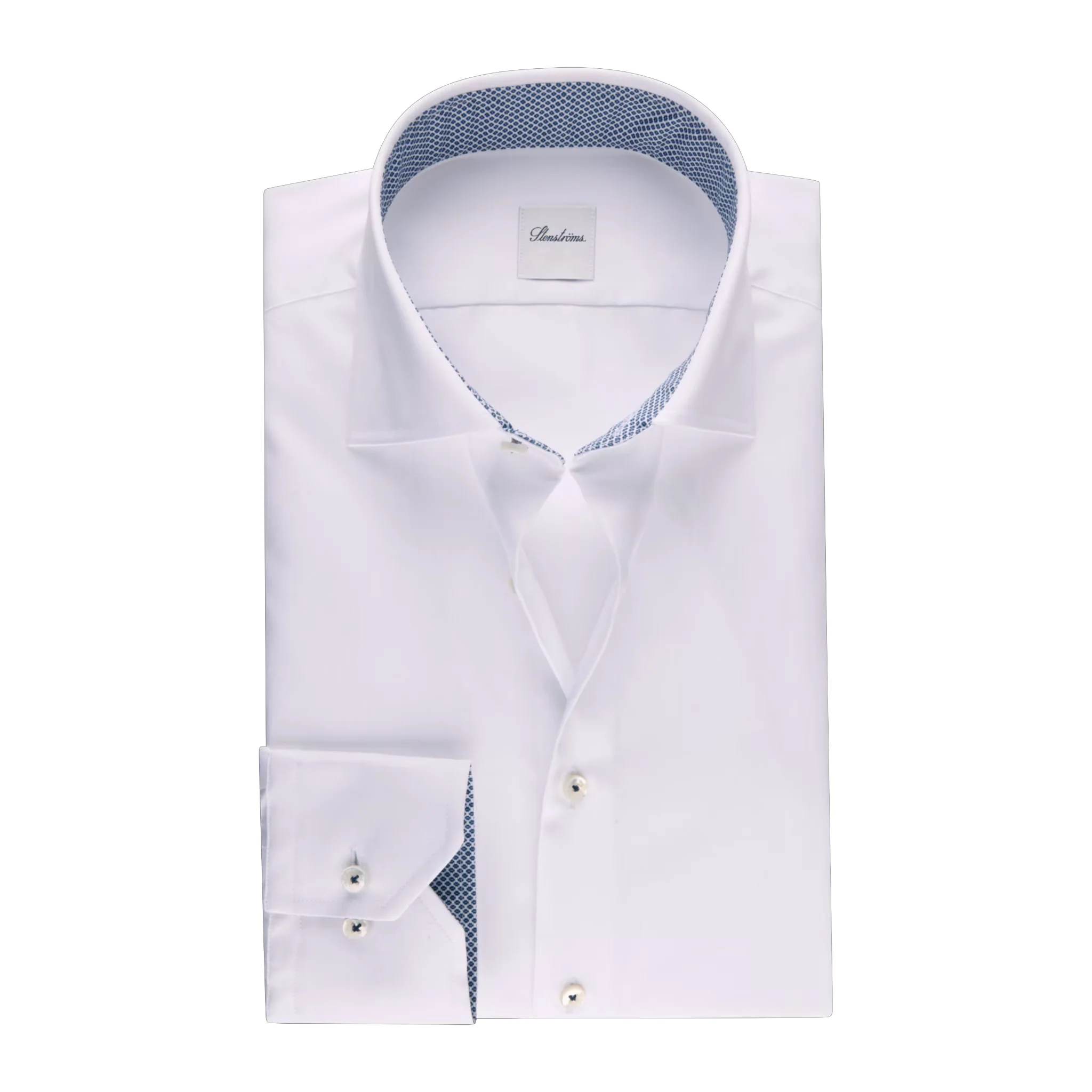White w/ Contrast Trim Cotton Twill Regular Fit Dress Shirt - Stenströms