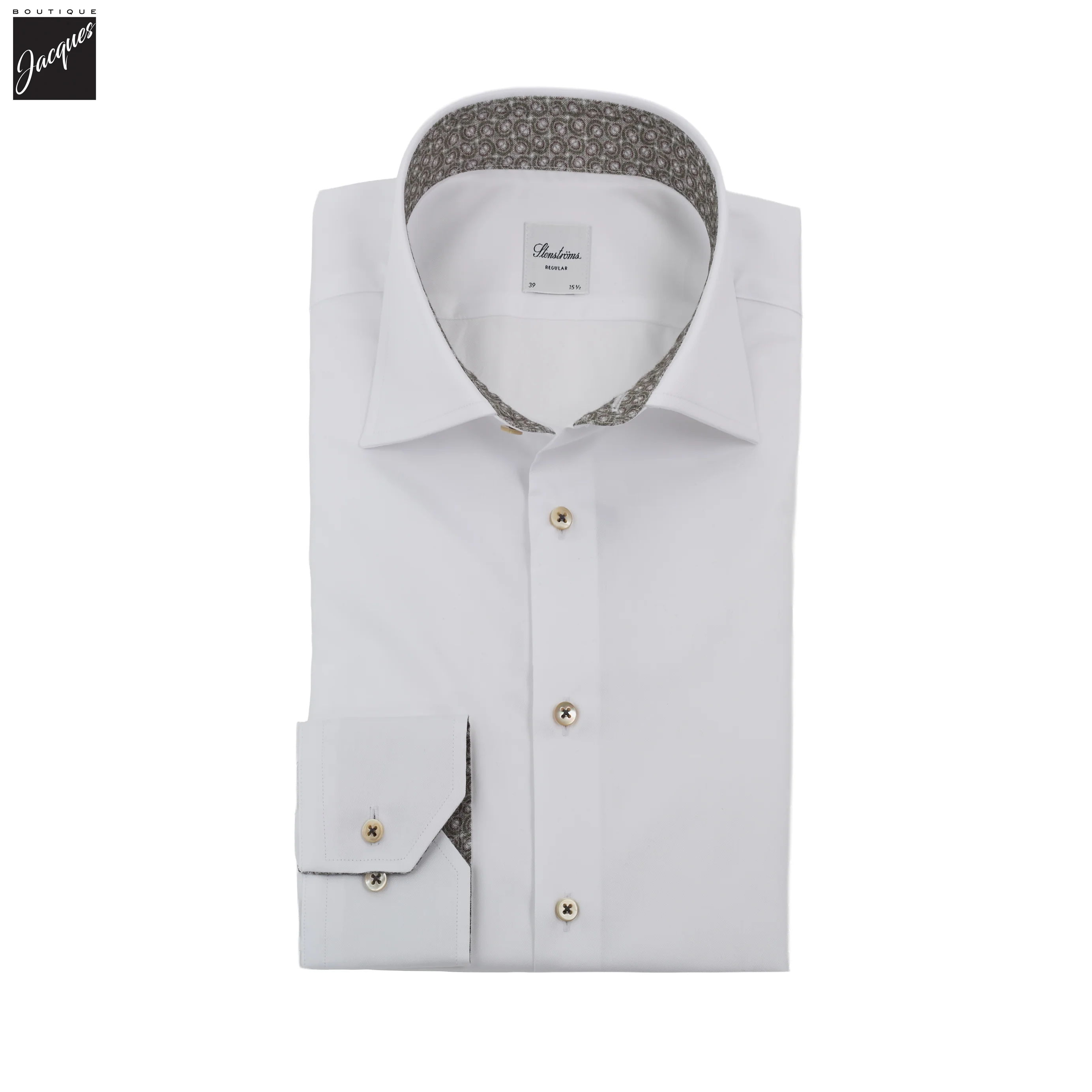 White w/ Contrast Trim Cotton Twill Regular Fit Dress Shirt - Stenströms