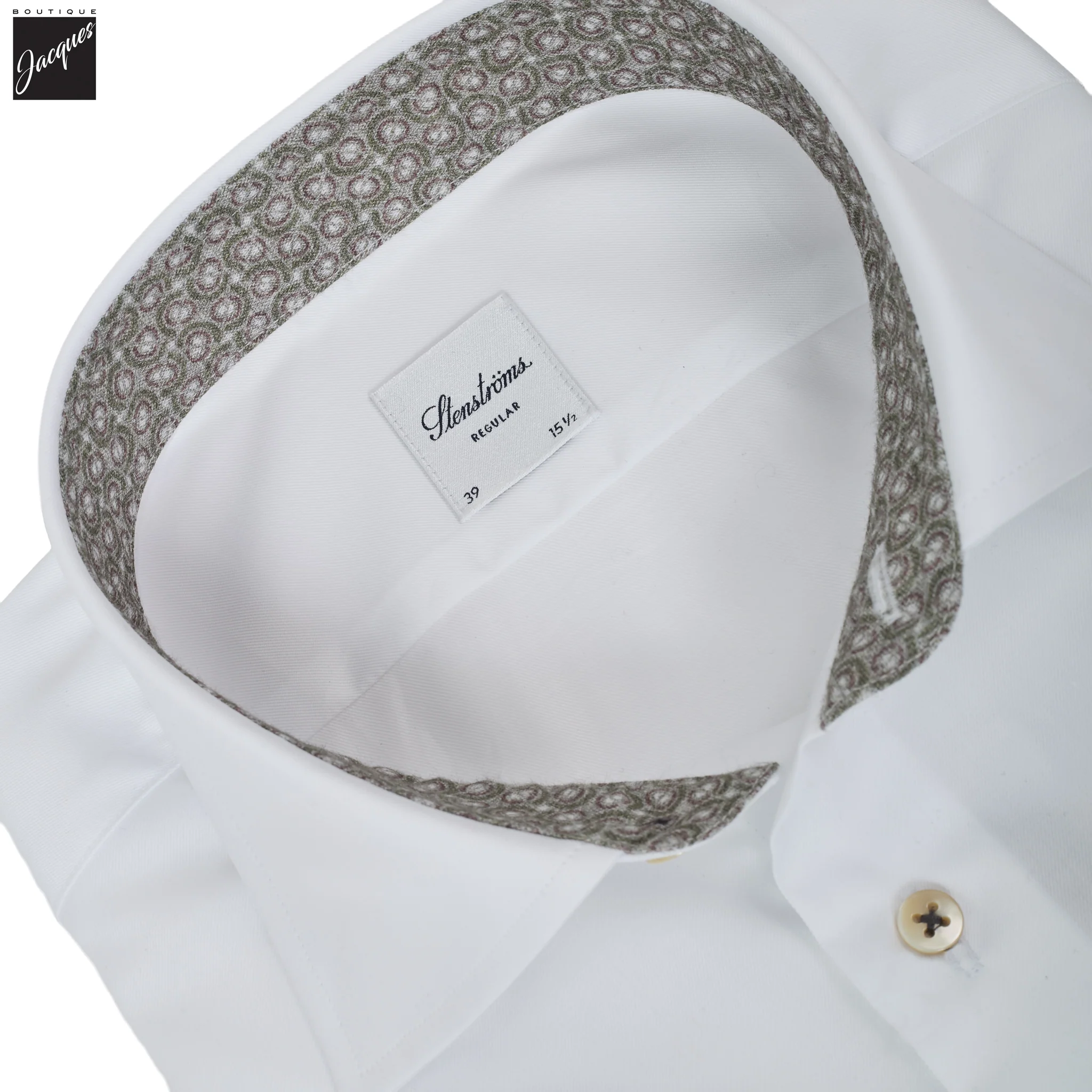 White w/ Contrast Trim Cotton Twill Regular Fit Dress Shirt - Stenströms - Image 2