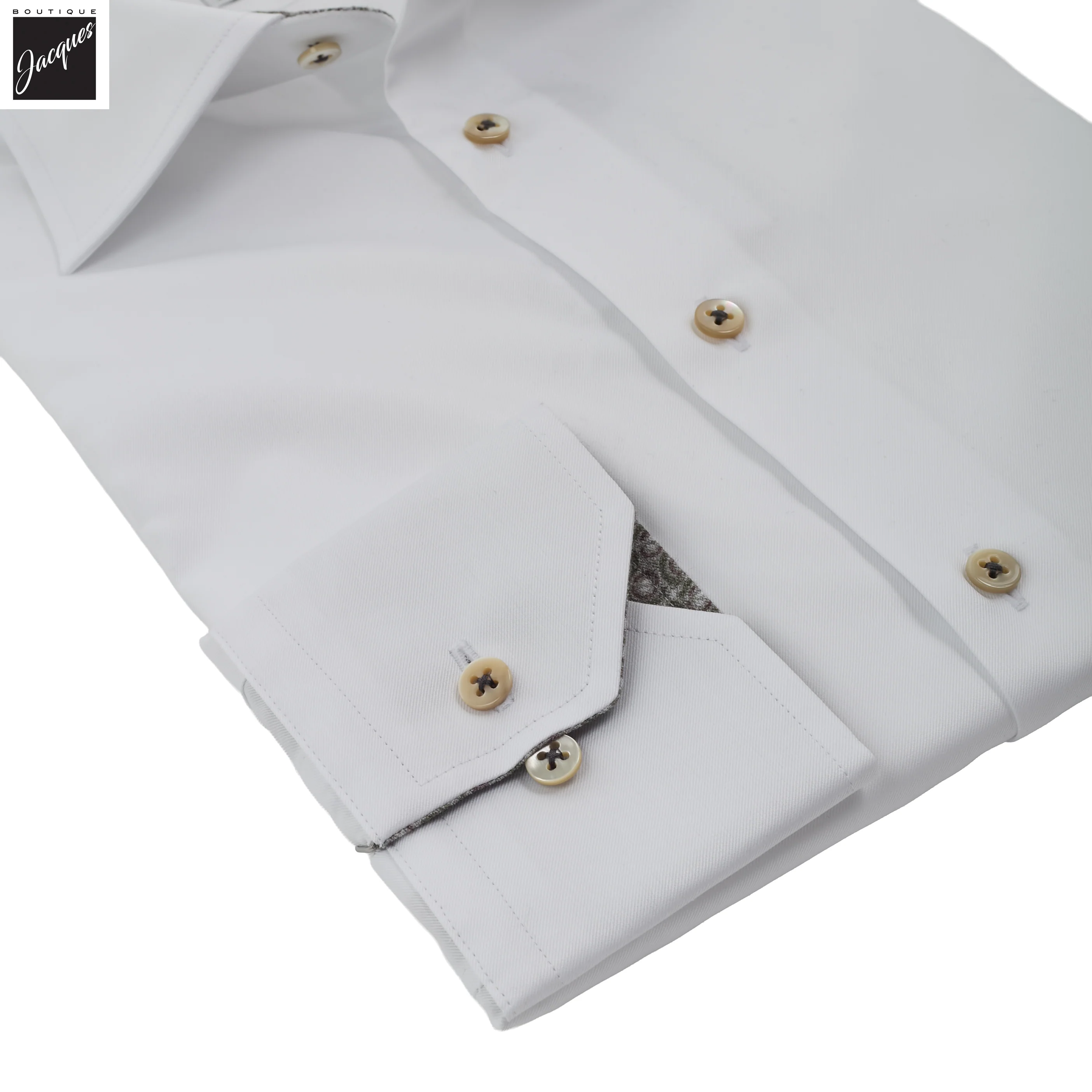 White w/ Contrast Trim Cotton Twill Regular Fit Dress Shirt - Stenströms - Image 3