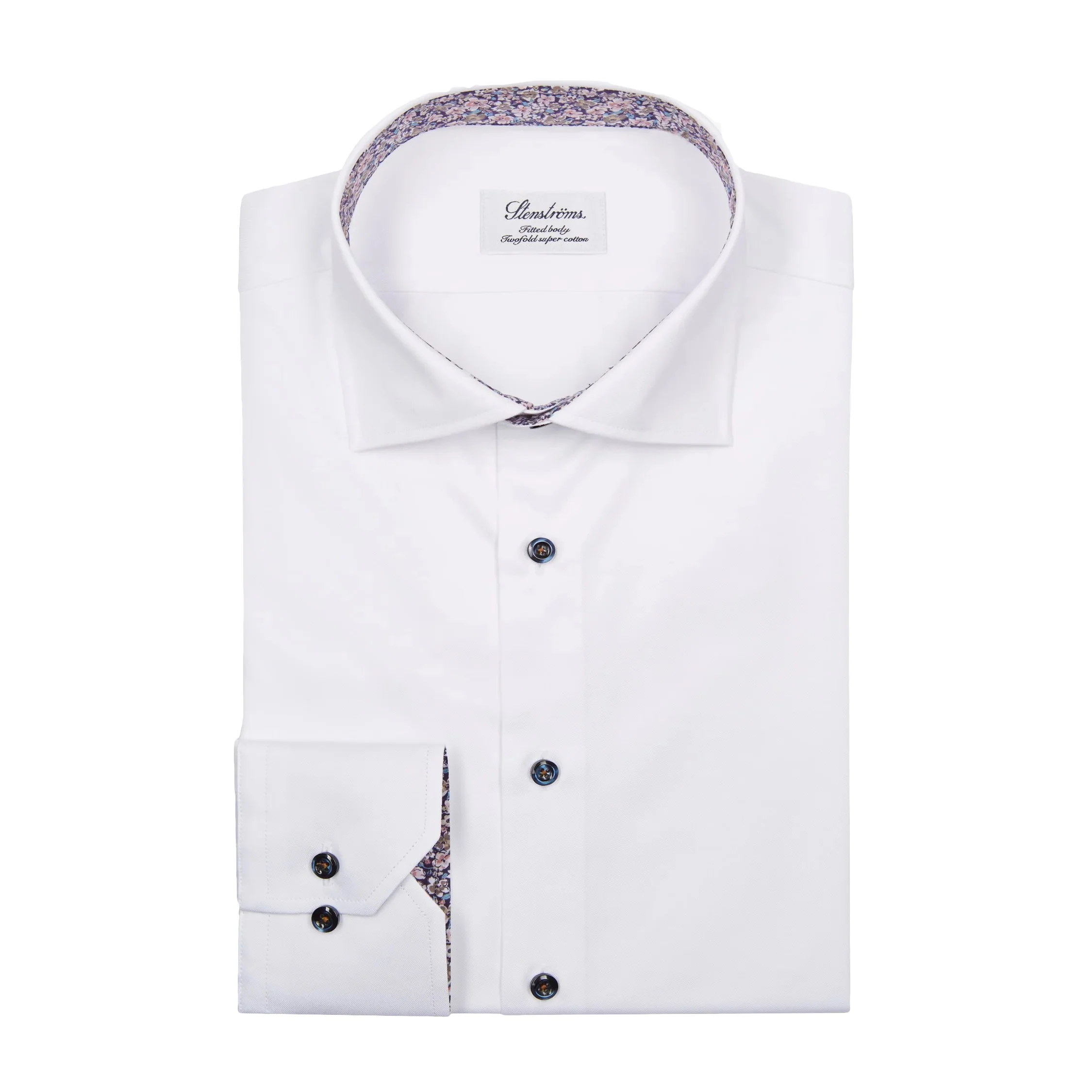White Twill Fitted Body Shirt w/ Floral Contrast Trims - Stenströms