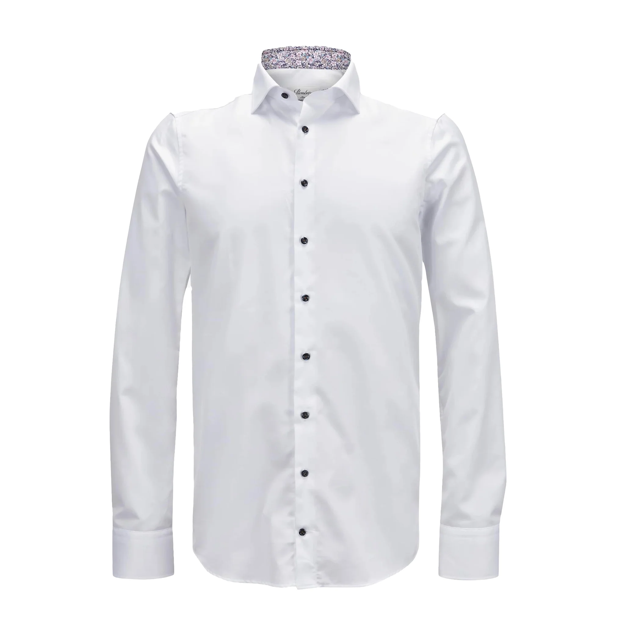 White Twill Fitted Body Shirt w/ Floral Contrast Trims - Stenströms - Image 4