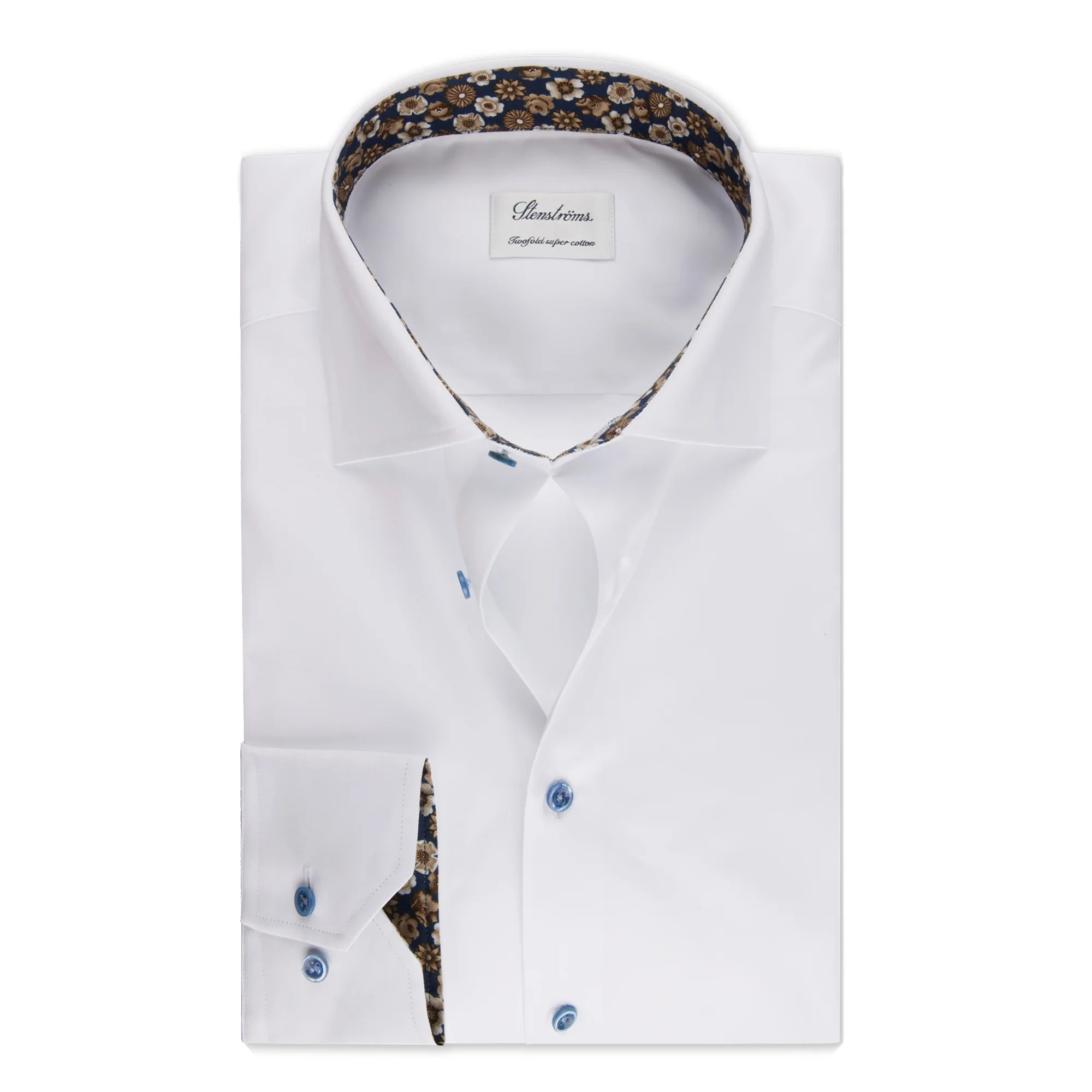 White w/ Floral Contrast Twill Fitted Body Shirt - Stenströms