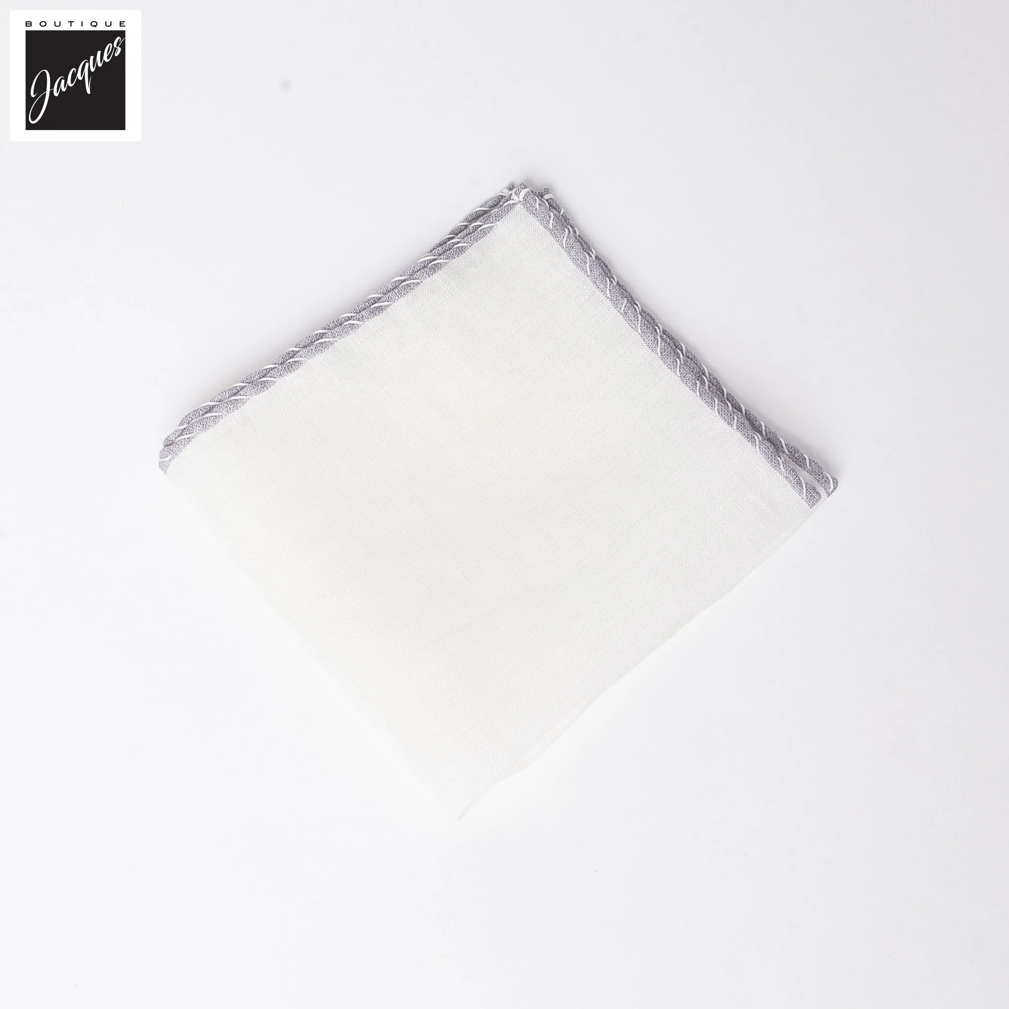 White w/ Gray Contrast-Stitched Edges Linen Pocket Square - Paolo Albizzati