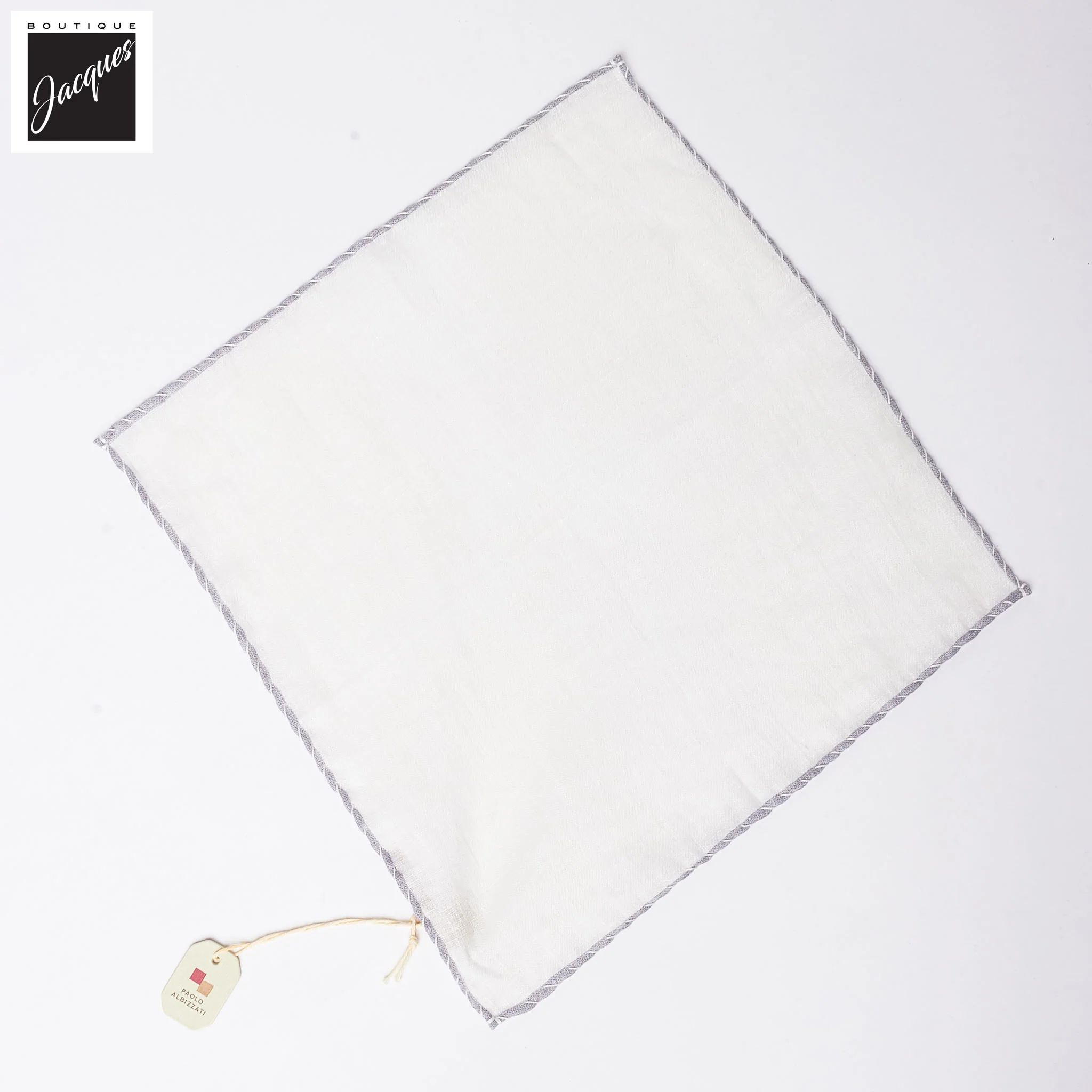 White w/ Gray Contrast-Stitched Edges Linen Pocket Square - Paolo Albizzati - Image 2